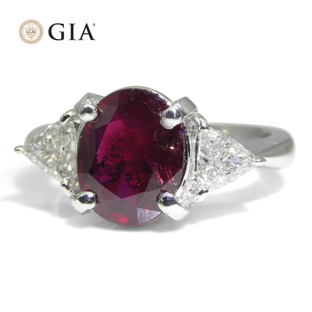 2.18ct Oval Red Ruby, Diamond Three Stone Engagement Ring set in Platinum, GIA Certified Unheated, Madagascar