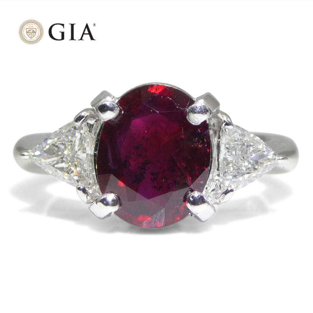 2.18ct Oval Red Ruby, Diamond Three Stone Engagement Ring set in Platinum, GIA Certified Unheated, Madagascar