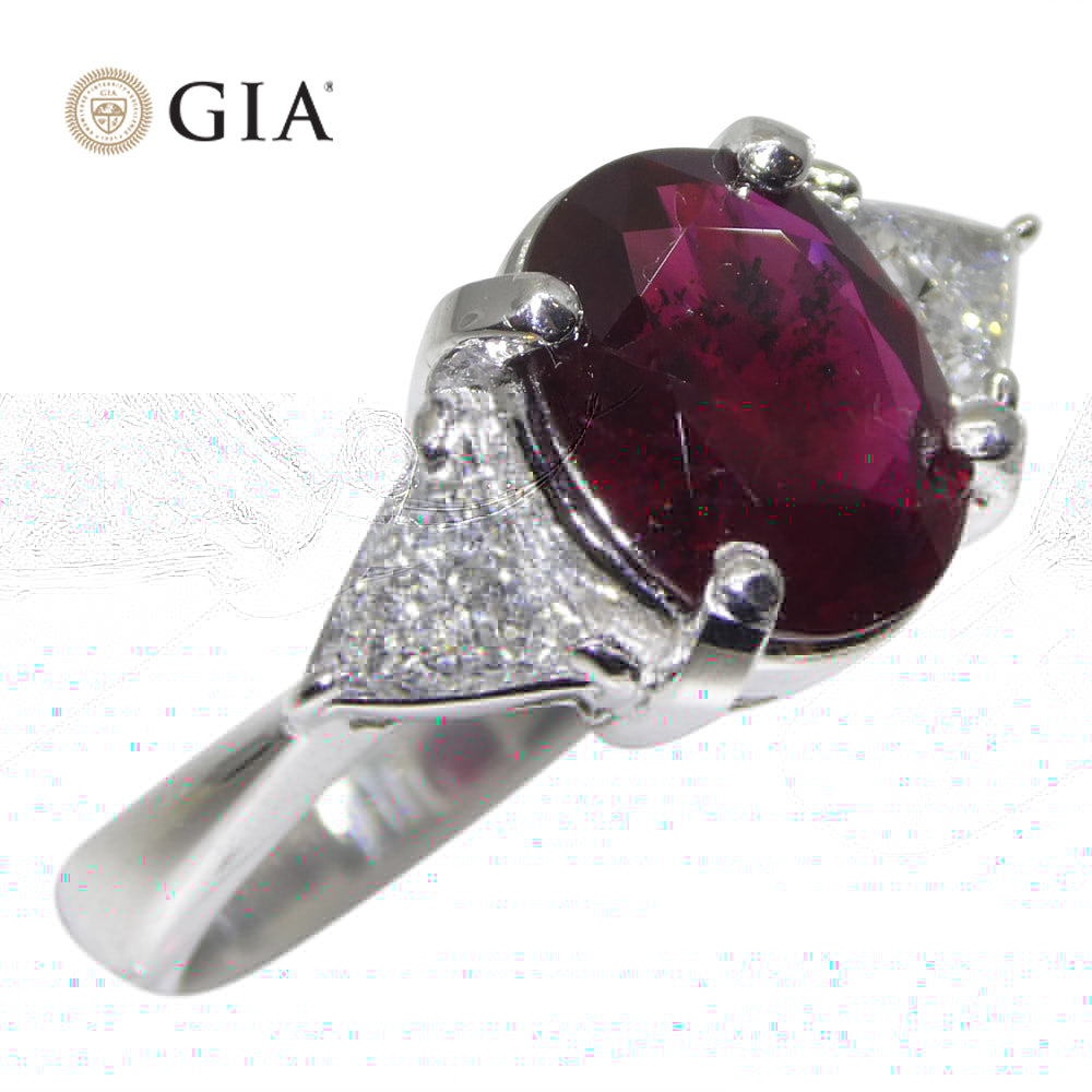 2.18ct Oval Red Ruby, Diamond Three Stone Engagement Ring set in Platinum, GIA Certified Unheated, Madagascar