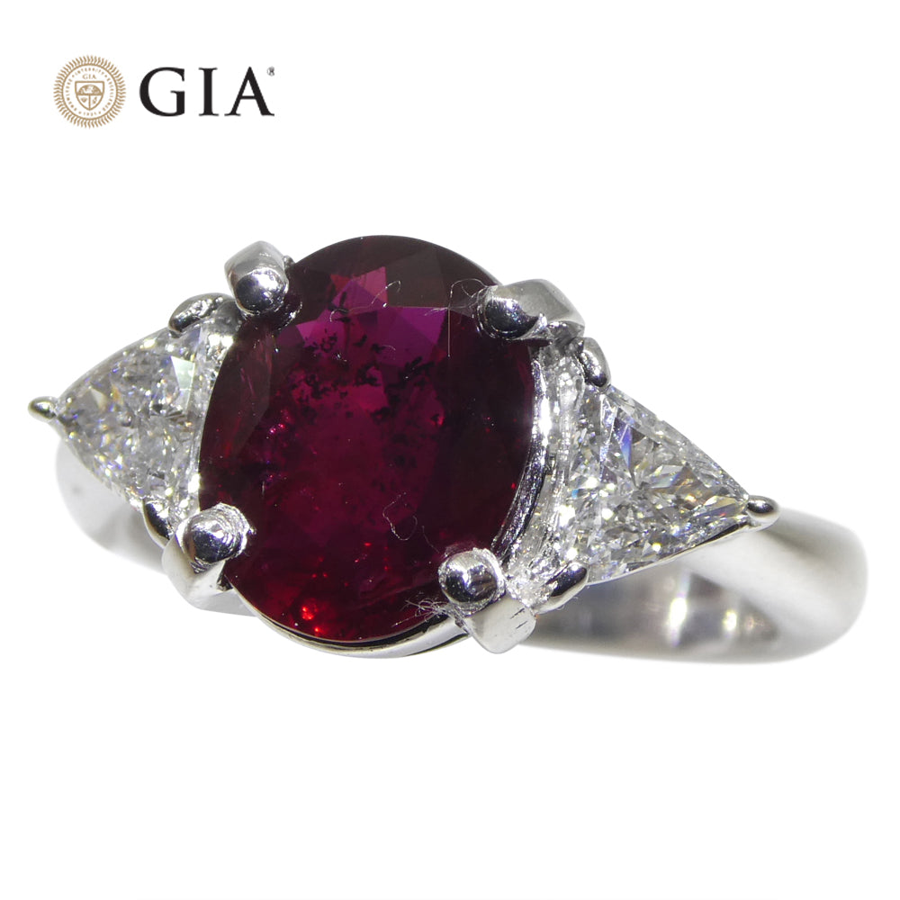 2.18ct Oval Red Ruby, Diamond Three Stone Engagement Ring set in Platinum, GIA Certified Unheated, Madagascar