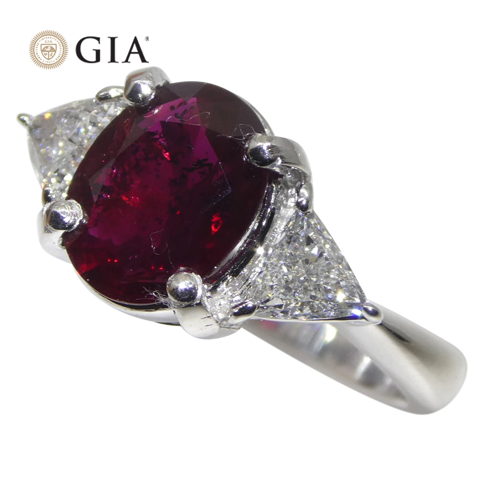 2.18ct Oval Red Ruby, Diamond Three Stone Engagement Ring set in Platinum, GIA Certified Unheated, Madagascar