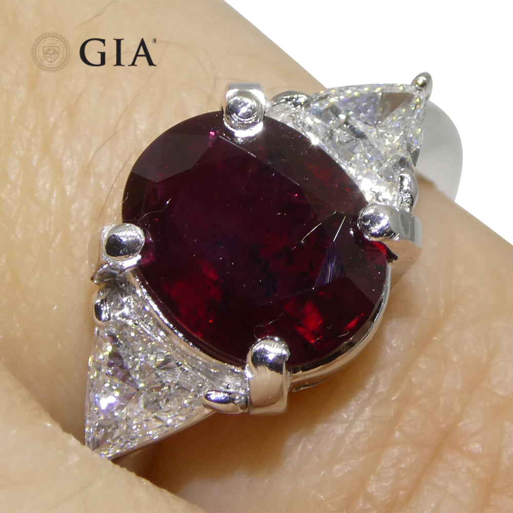 2.18ct Oval Red Ruby, Diamond Three Stone Engagement Ring set in Platinum, GIA Certified Unheated, Madagascar