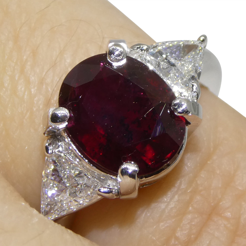 2.18ct Oval Red Ruby, Diamond Three Stone Engagement Ring set in Platinum, GIA Certified Unheated, Madagascar