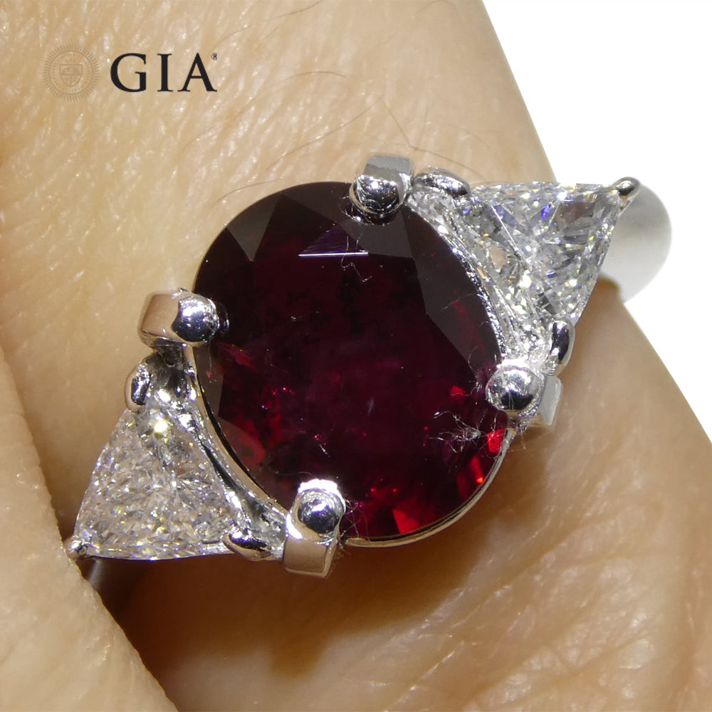 2.18ct Oval Red Ruby, Diamond Three Stone Engagement Ring set in Platinum, GIA Certified Unheated, Madagascar