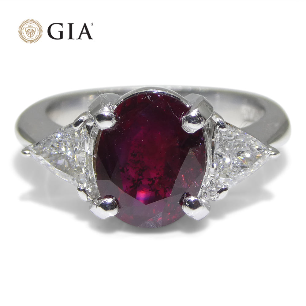 2.18ct Oval Red Ruby, Diamond Three Stone Engagement Ring set in Platinum, GIA Certified Unheated, Madagascar - Skyjems Wholesale Gemstones