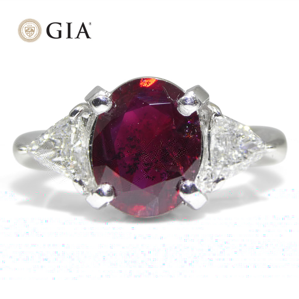2.18ct Oval Red Ruby, Diamond Three Stone Engagement Ring set in Platinum, GIA Certified Unheated, Madagascar