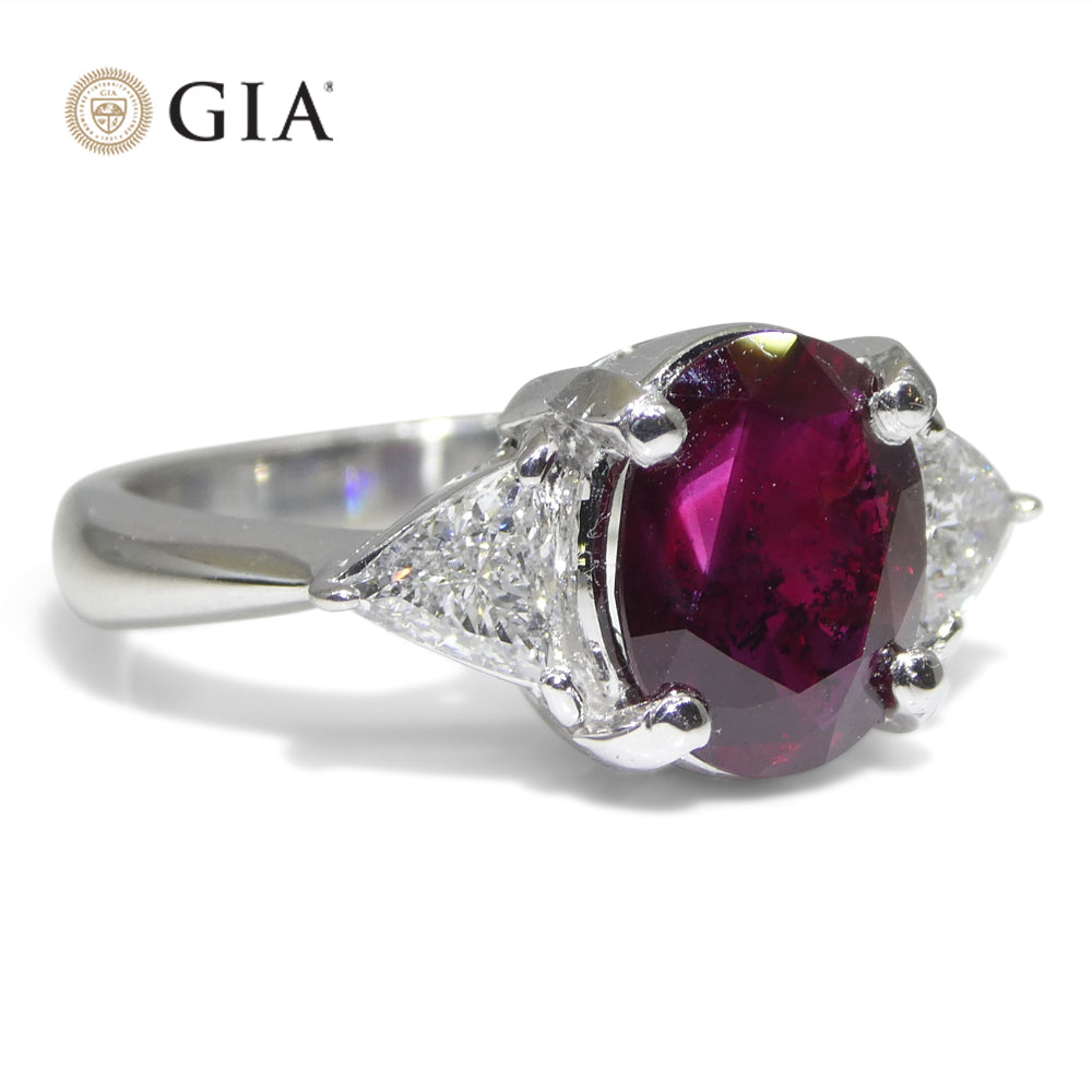 2.18ct Oval Red Ruby, Diamond Three Stone Engagement Ring set in Platinum, GIA Certified Unheated, Madagascar