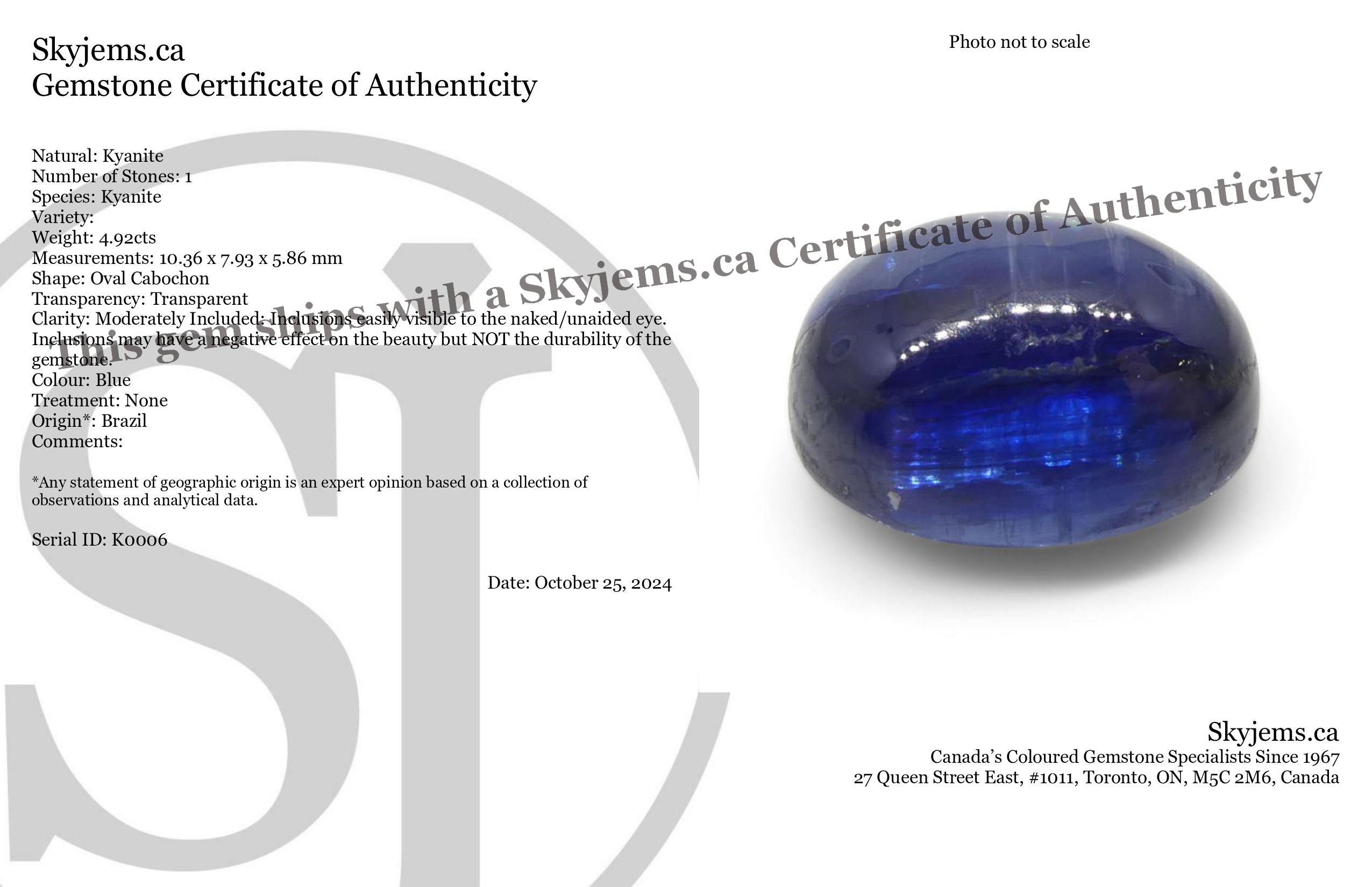 4.92ct Blue Kyanite Oval Cabochon from Brazil, premium single gemstone by SkyJems Canadian gem specialists