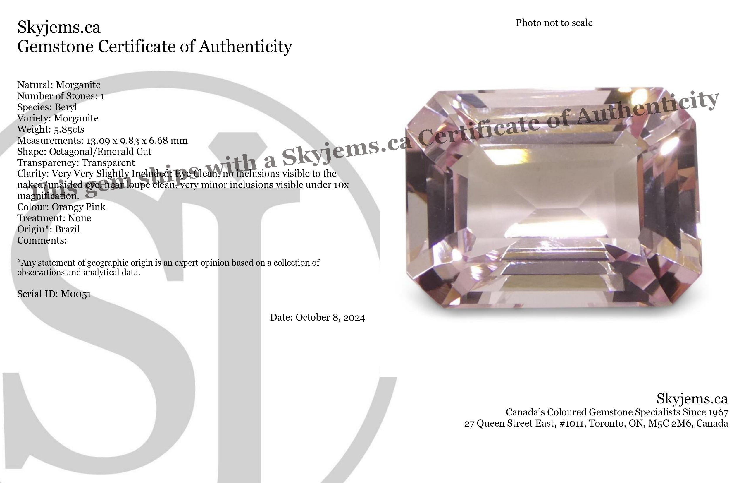5.85ct Octagonal/Emerald Cut Orangy Pink Morganite - Skyjems Wholesale Gemstones