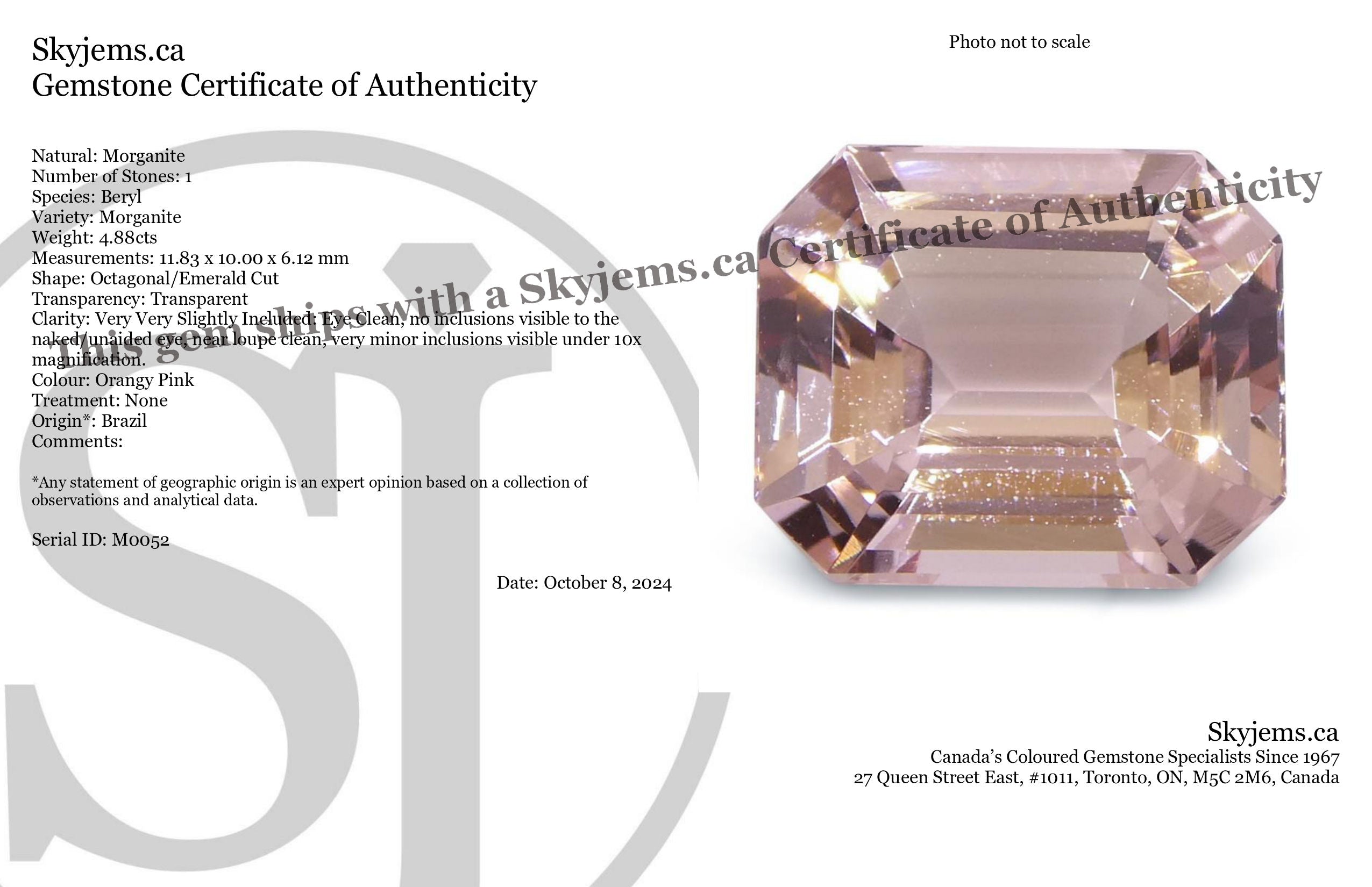 4.88ct Octagonal/Emerald Cut Orangy Pink Morganite - Skyjems Wholesale Gemstones