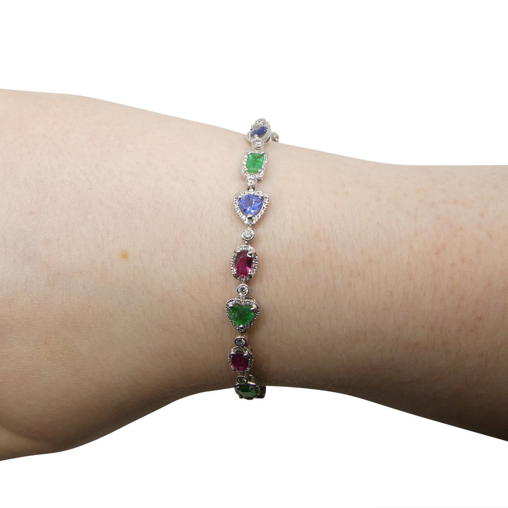 Emerald shops Ruby Bracelet with sapphire, natural smooth small Colombian emeralds, pink ruby, gold beads, all precious stones, May gift jewelry