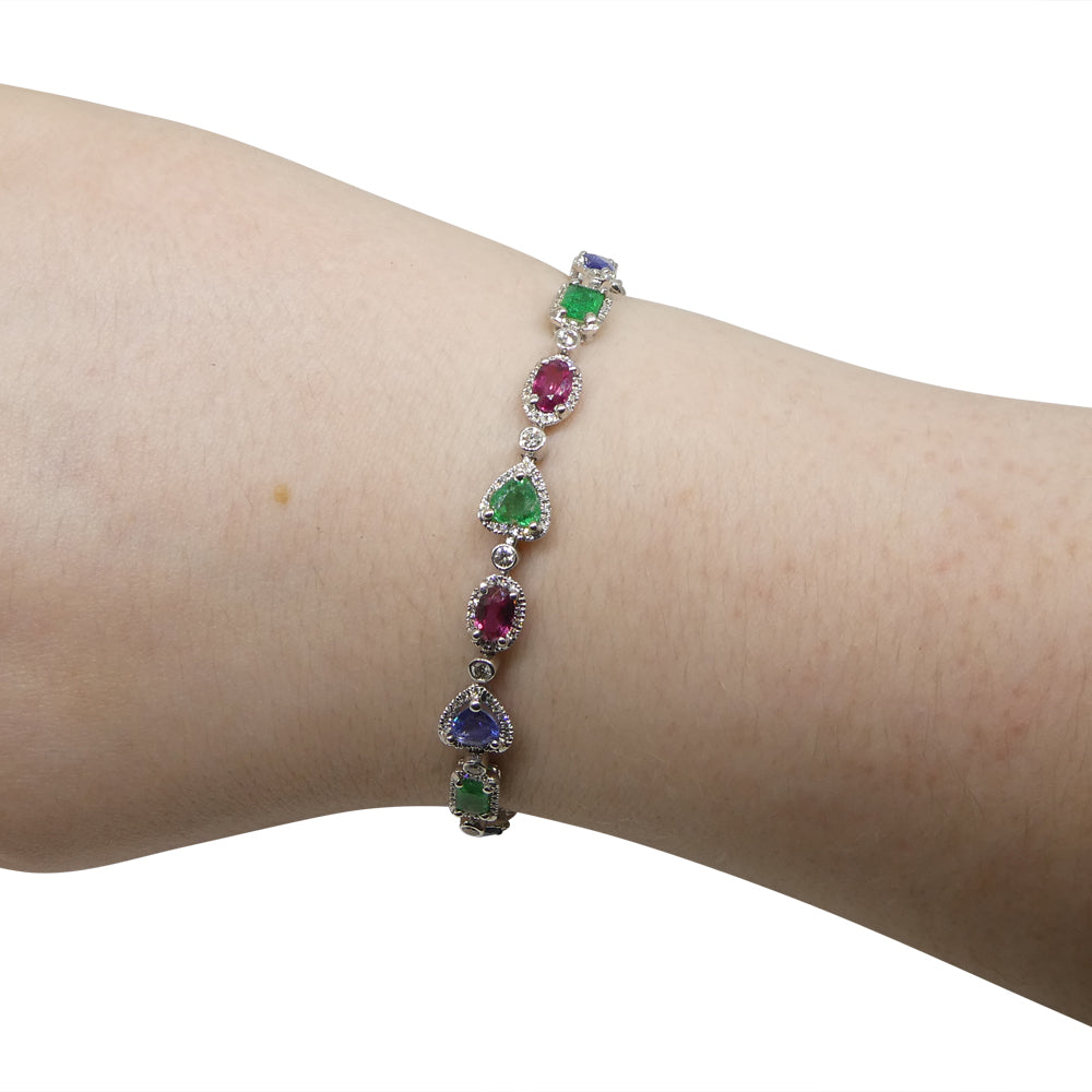 7.80ct Ruby, Emerald, Sapphire, Diamond Bracelet 6.50" set in 14k White Gold - Skyjems Wholesale Gemstones