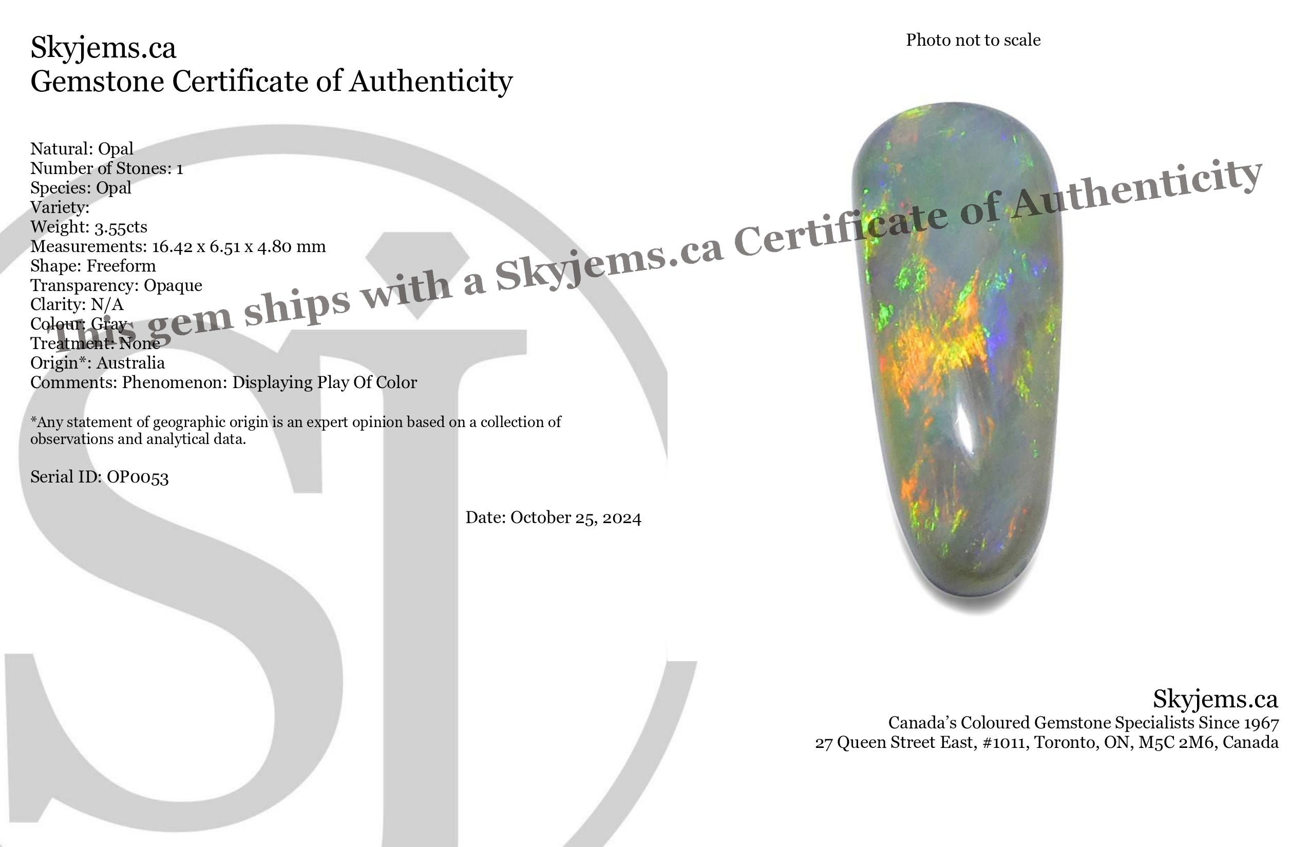 3.55ct Freeform Gray Australian Opal Cabochon with Play of Color by SkyJems, Rare Gem Collector's Specimen