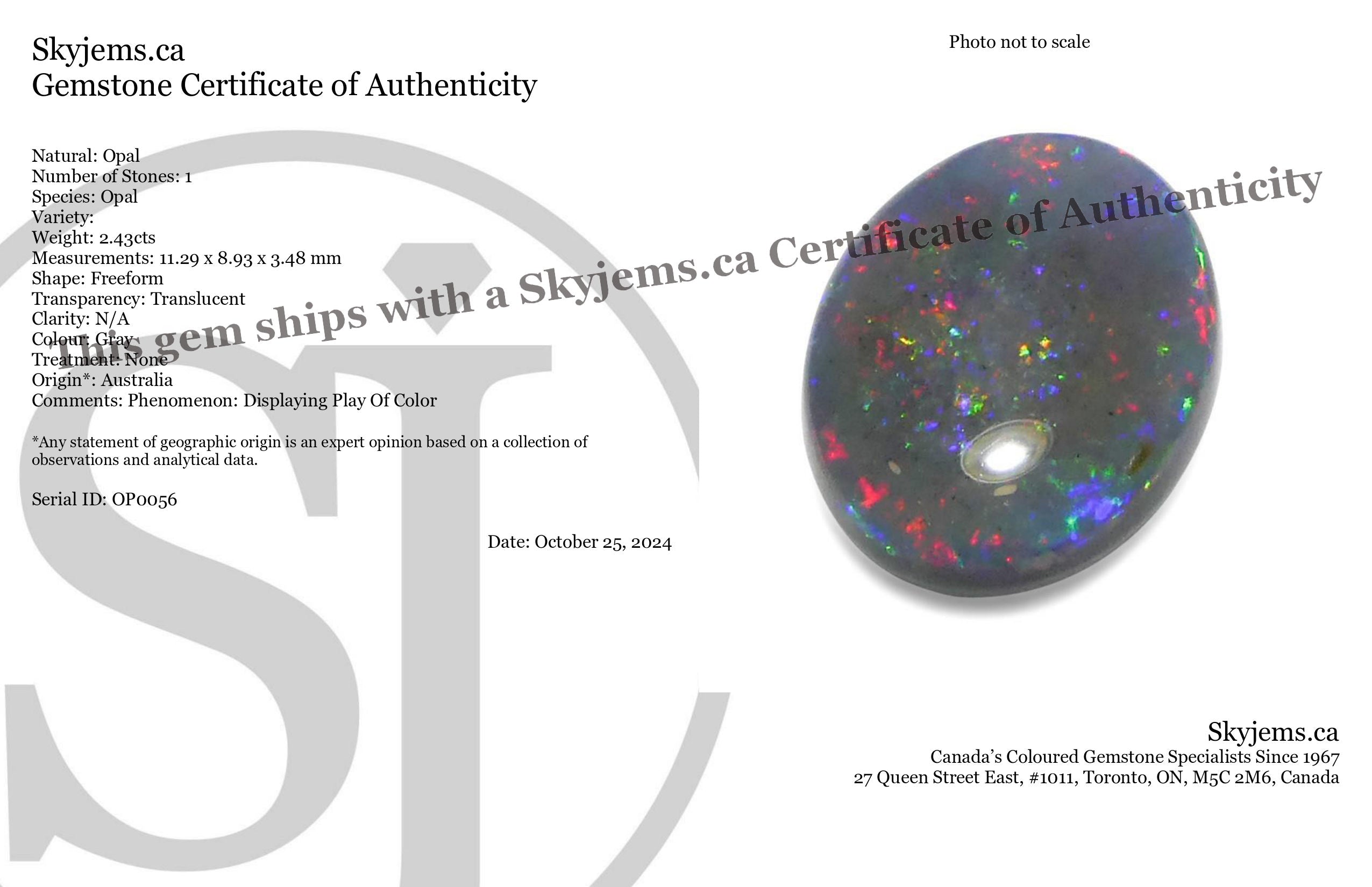 2.43ct Gray Australian Opal Cabochon with Play of Color by SkyJems, rare freeform gemstone from Down Under