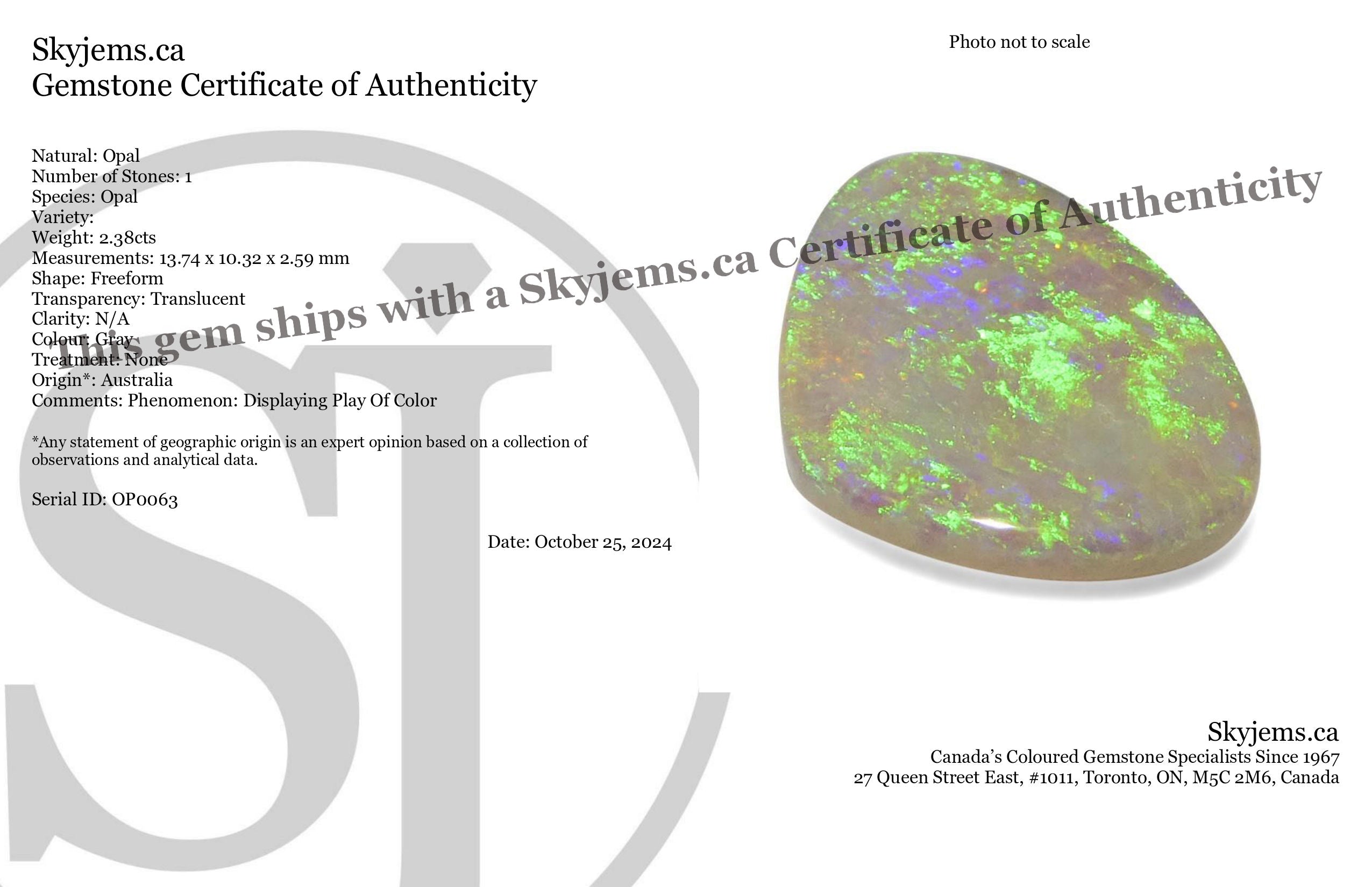 2.38ct Gray Australian Opal Cabochon with Play of Color by SkyJems, Rare Freeform Gemstone