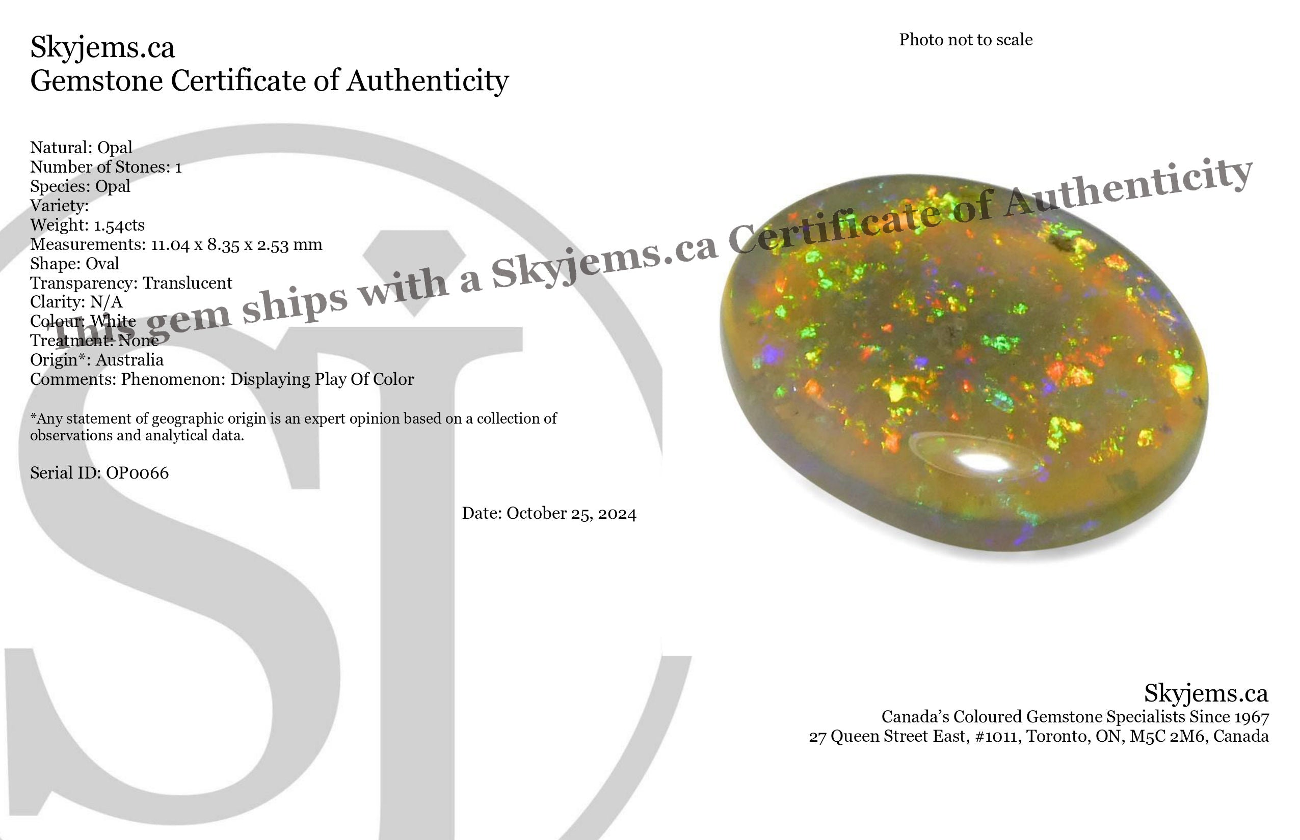 1.54ct White Oval Cabochon Opal from Australia with Play of Color | Premium Gemstone by SkyJems