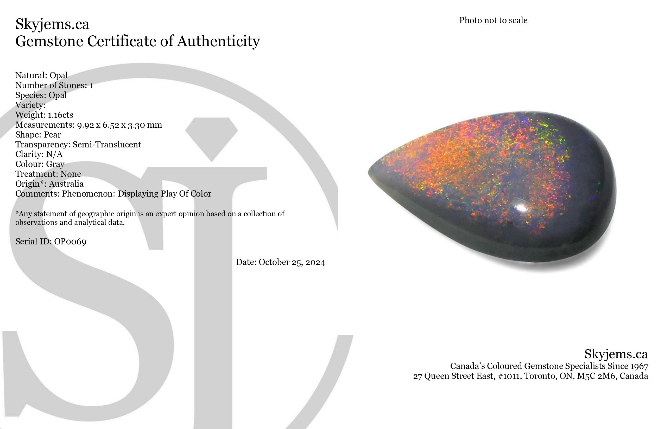 1.16ct Gray Australian Pear Cabochon Opal with Play of Color from SkyJems Gemstones Canada