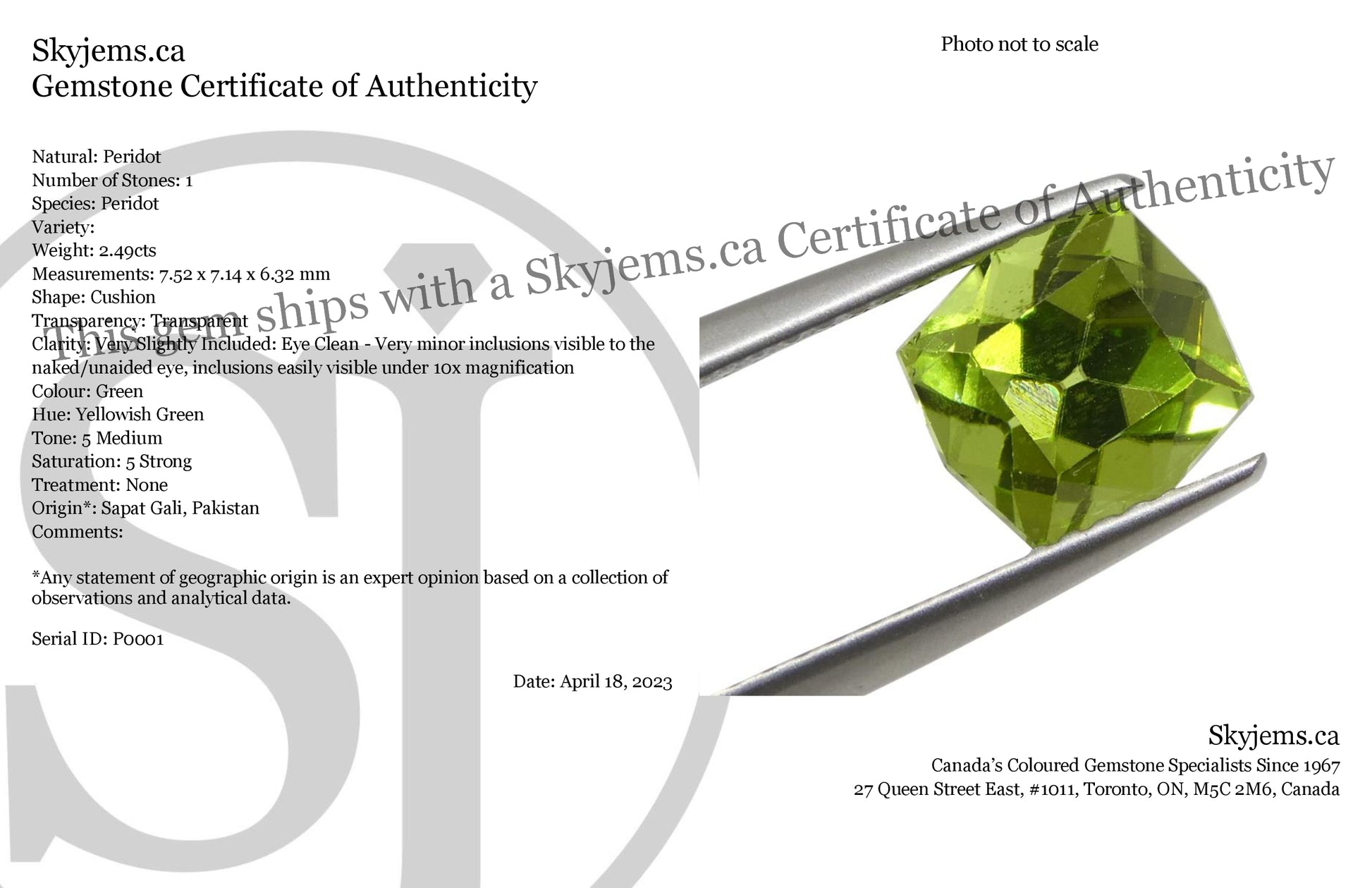 2.49ct Cushion Yellowish Green Peridot from Sapat Gali, Pakistan - Skyjems Wholesale Gemstones