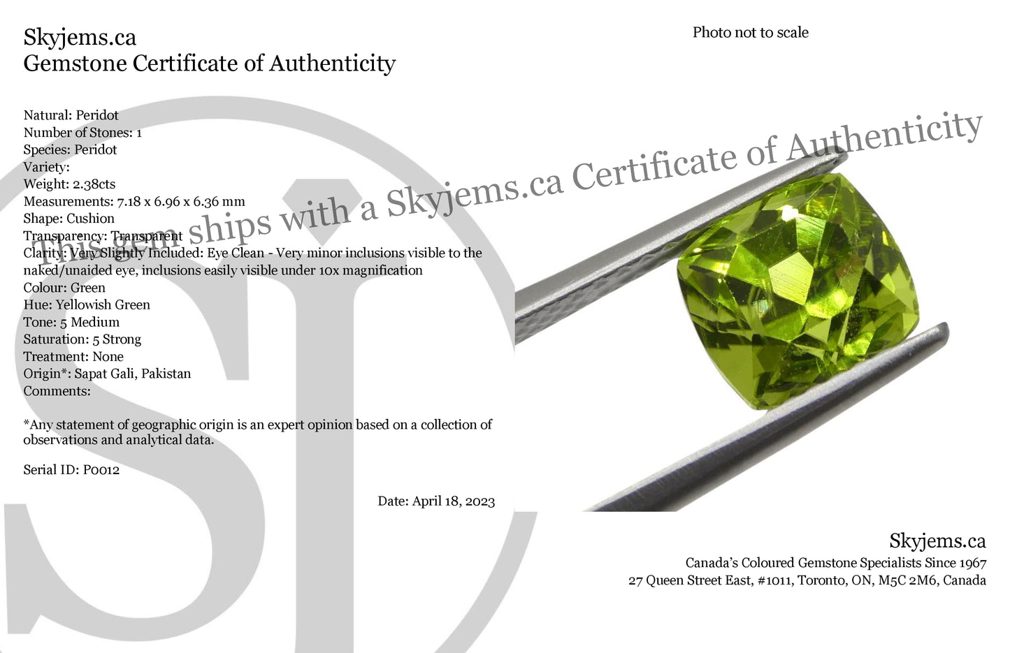 2.38ct Cushion Yellowish Green Peridot from Sapat Gali, Pakistan - Skyjems Wholesale Gemstones