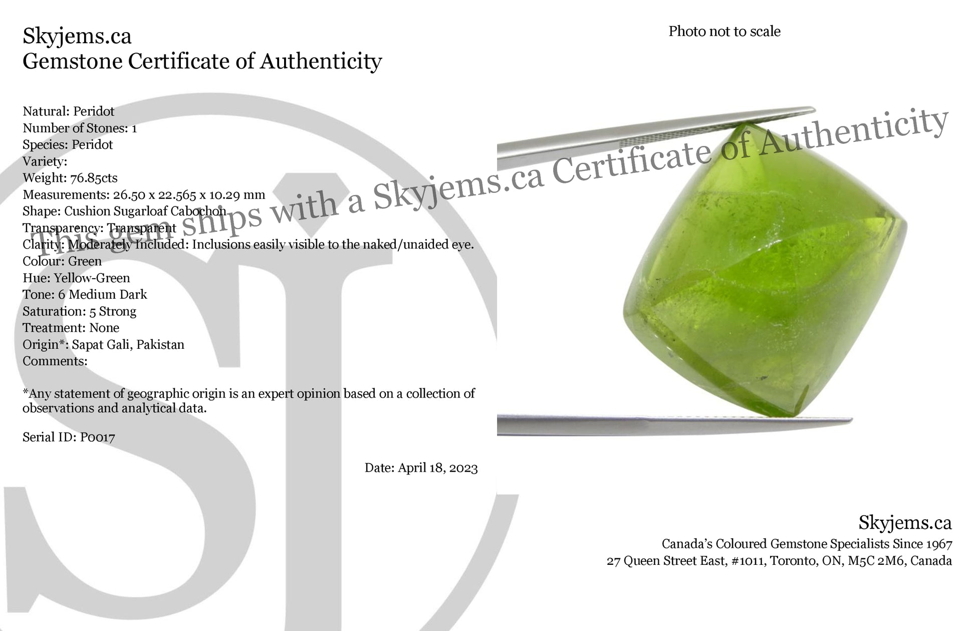 76.85ct Cushion Sugarloaf Cabochon Yellow-Green Peridot from Sapat Gali, Pakistan - Skyjems Wholesale Gemstones