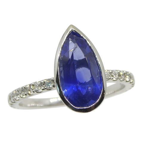 1.91ct Pear Shape Blue Sapphire, Diamond Engagement Ring set in 18k White Gold