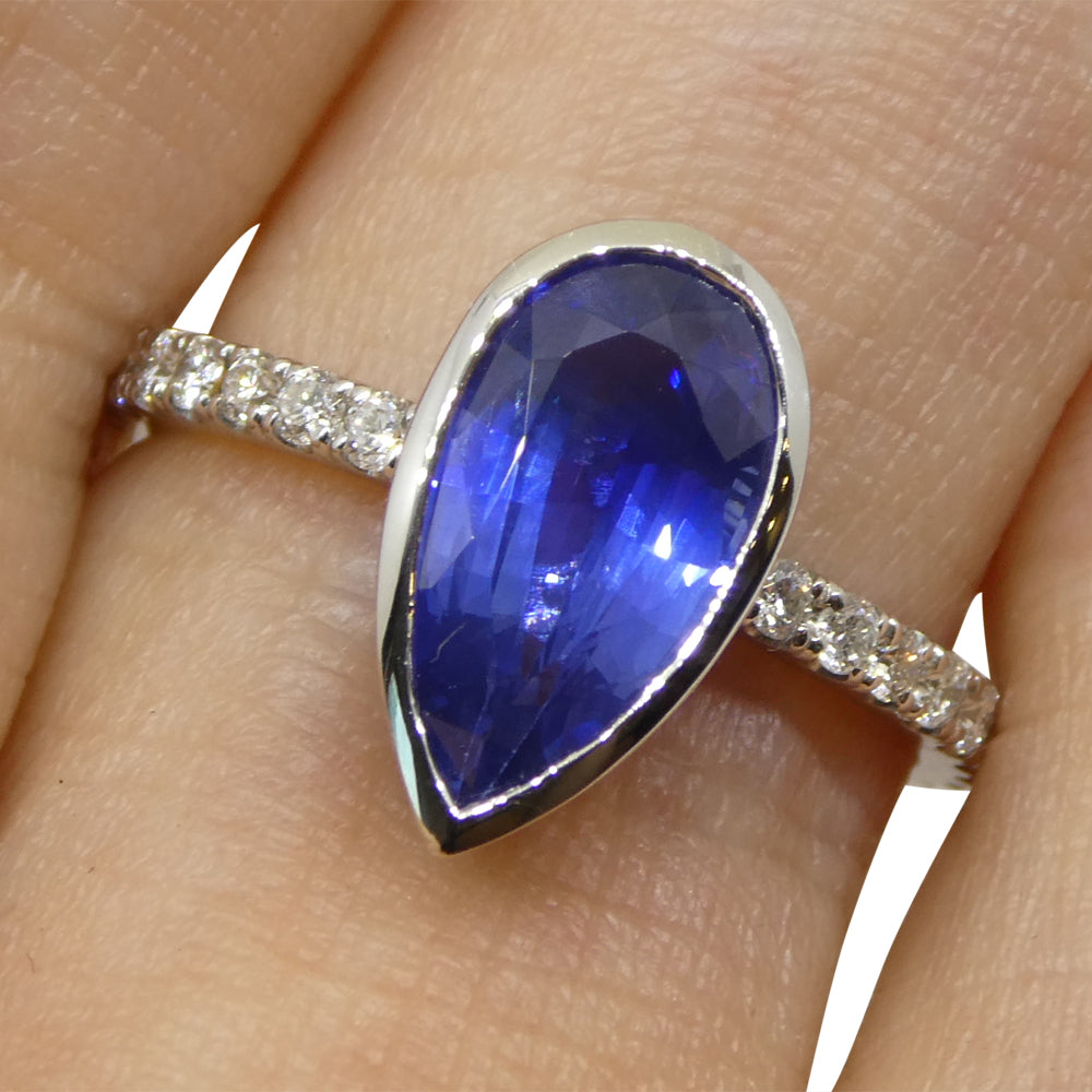 1.91ct Pear Shape Blue Sapphire, Diamond Engagement Ring set in 18k White Gold - Skyjems Wholesale Gemstones