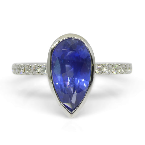 1.91ct Pear Shape Blue Sapphire, Diamond Engagement Ring set in 18k White Gold