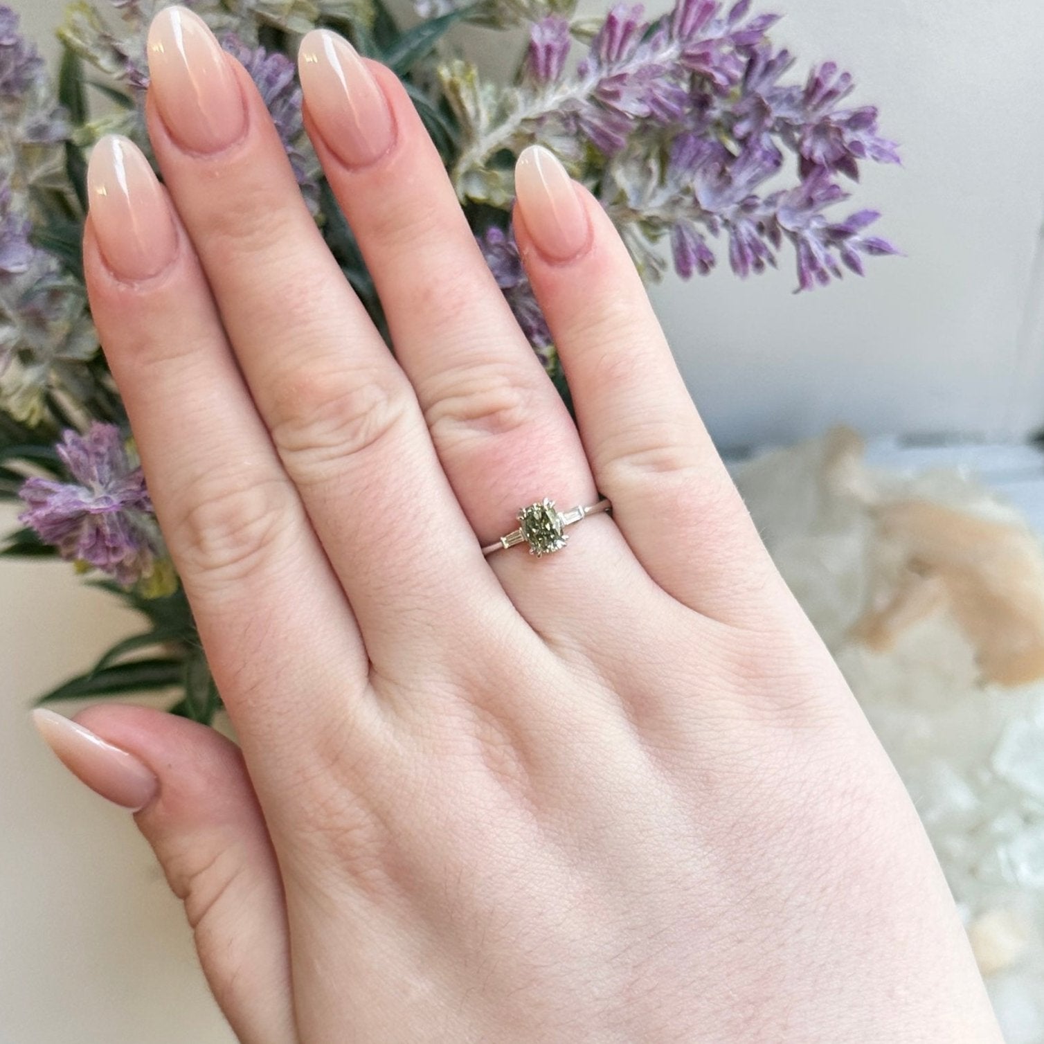 1.07ct Yellowish Green Fancy Diamond Cushion Engagement Ring set in 18k White Gold, GIA Certified - Skyjems Wholesale Gemstones