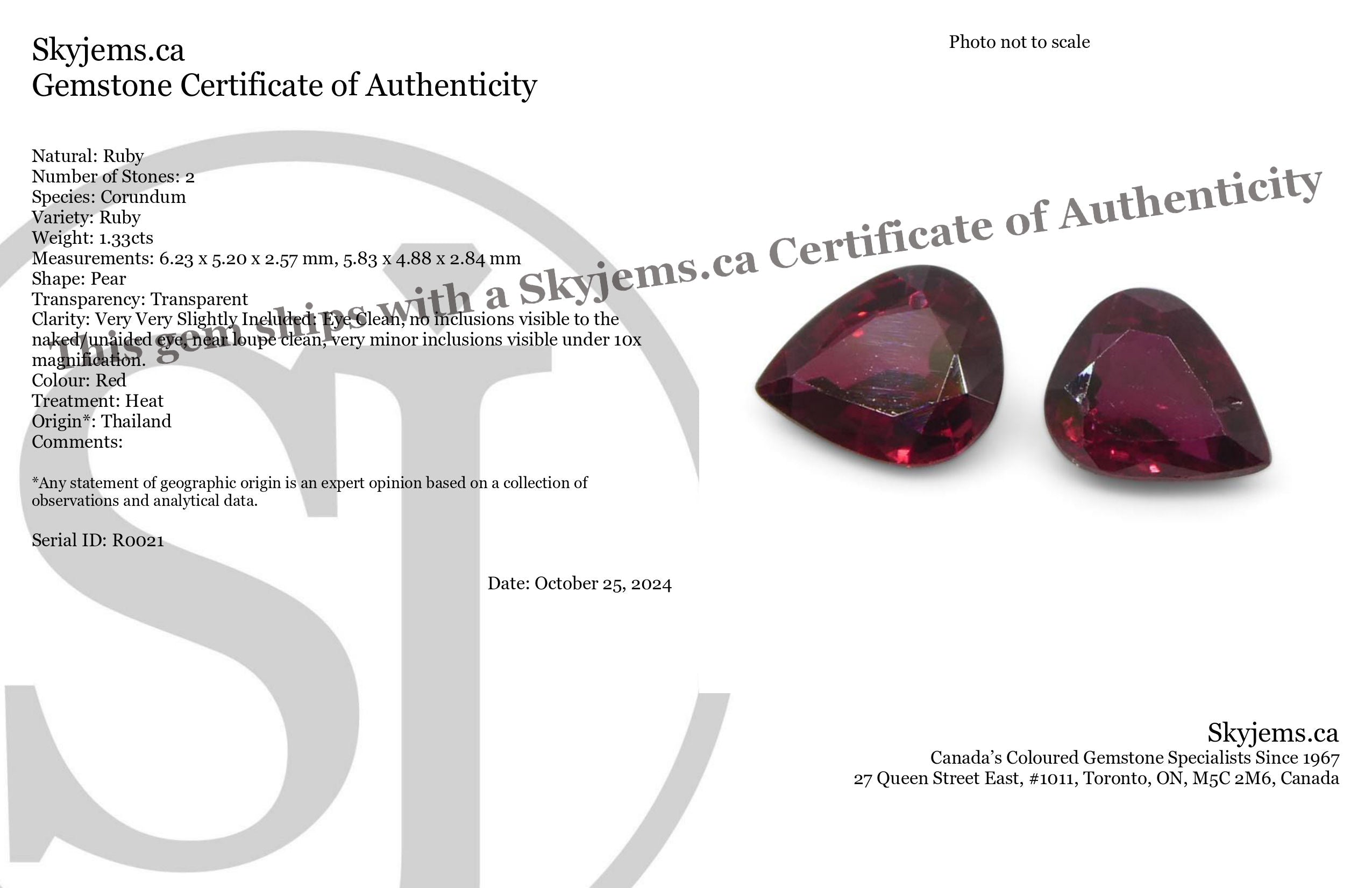 1.33ct Pear Red Ruby from Thailand Pair - Skyjems Wholesale Gemstones
