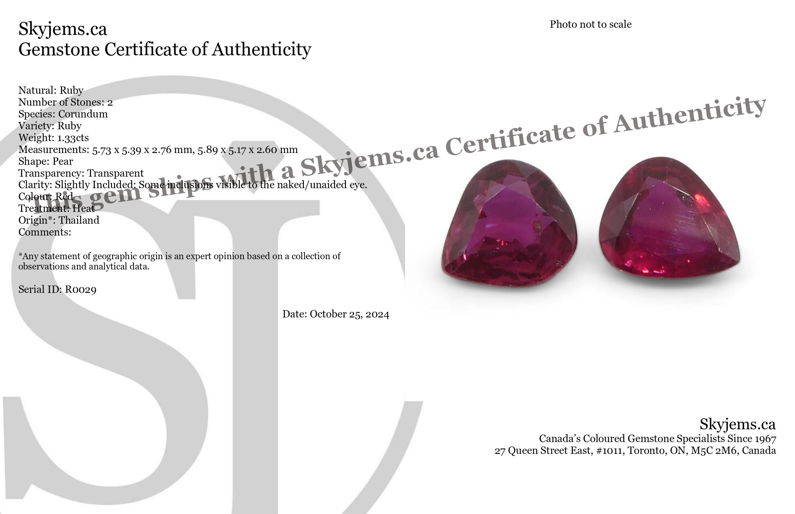 1.33ct Pear Purplish Red Ruby Pair from Thailand, premium matched gemstones by SkyJems Canadian gem specialists