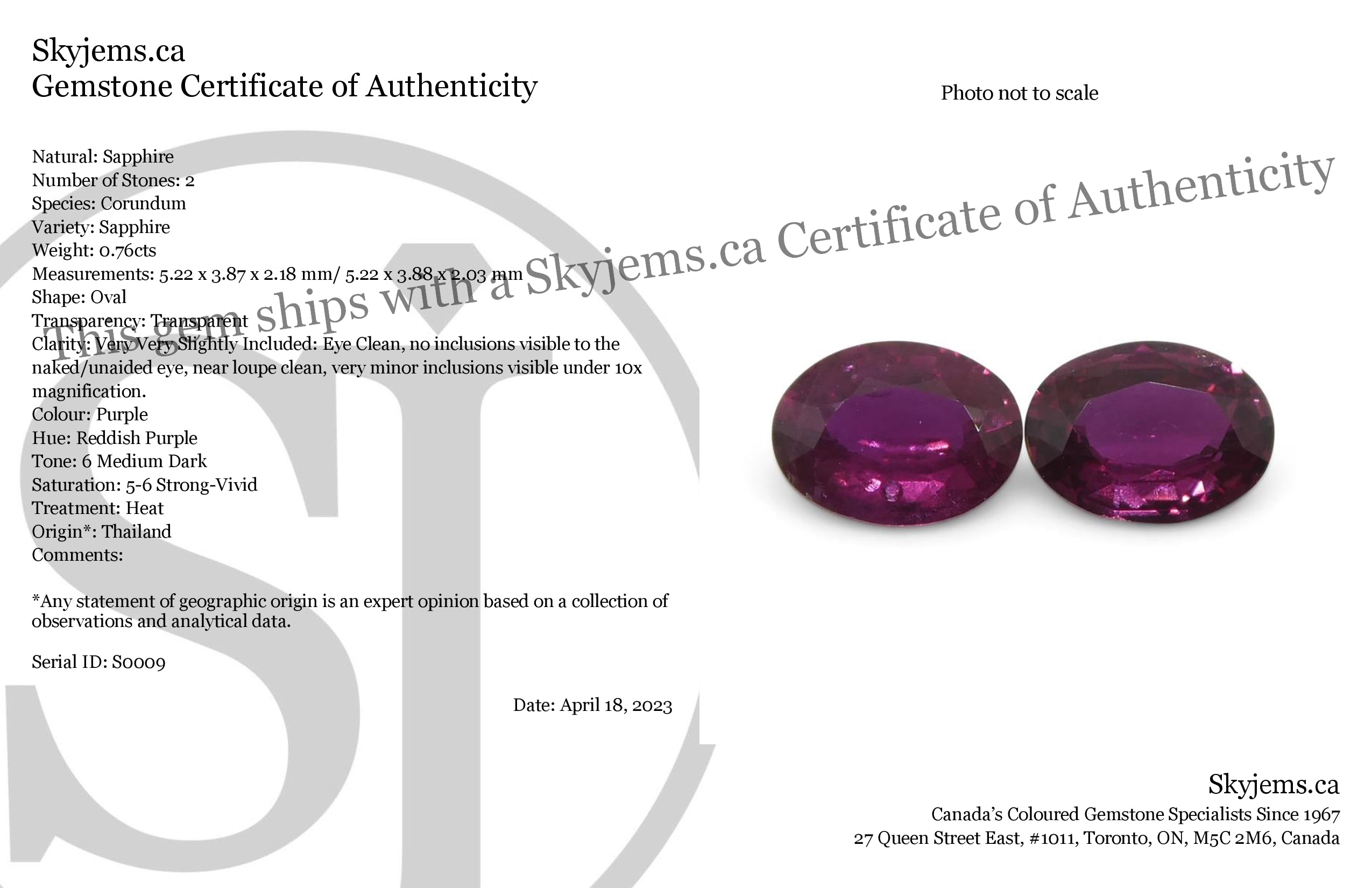 0.76ct Oval Purple Sapphire Pair from Thailand, Reddish Purple Corundum Gemstone by SkyJems Canadian Gem Experts