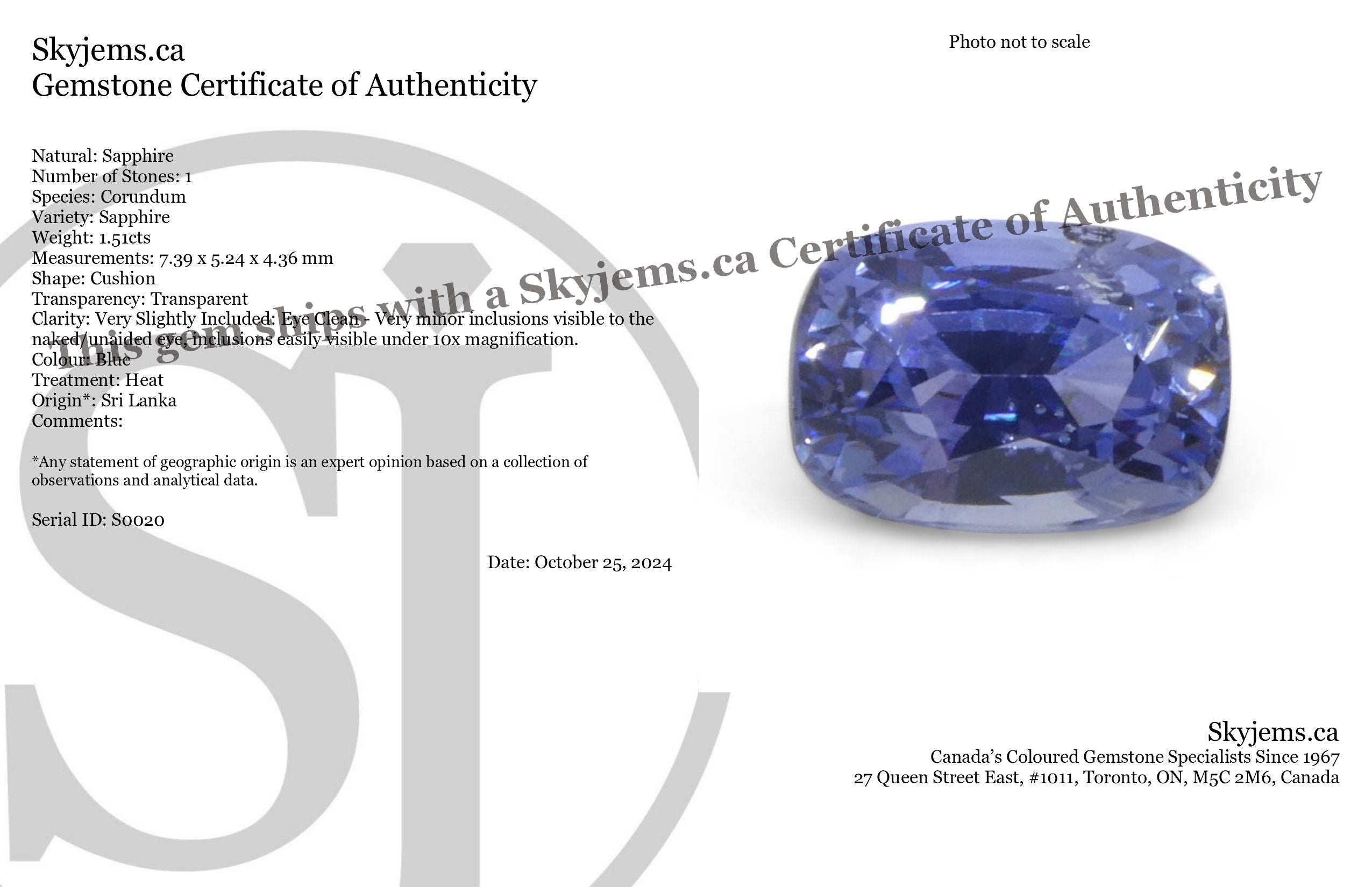1.51ct Blue Cushion Sapphire from Sri Lanka, premium Ceylon gemstone by SkyJems, fine jewelry-grade natural blue corundum
