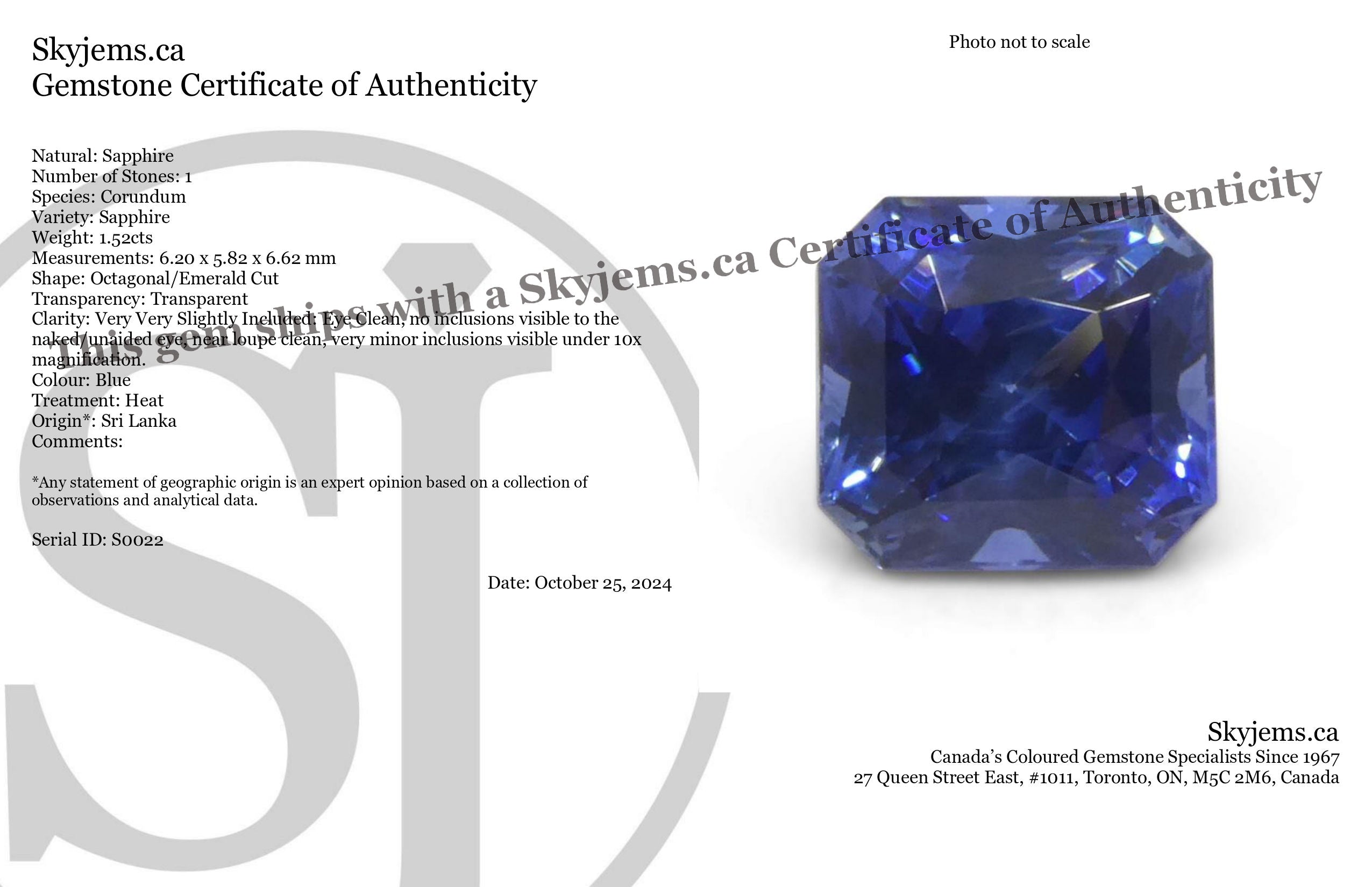 1.52ct Octagonal/Emerald Cut Blue Sapphire from Sri Lanka - Skyjems Wholesale Gemstones