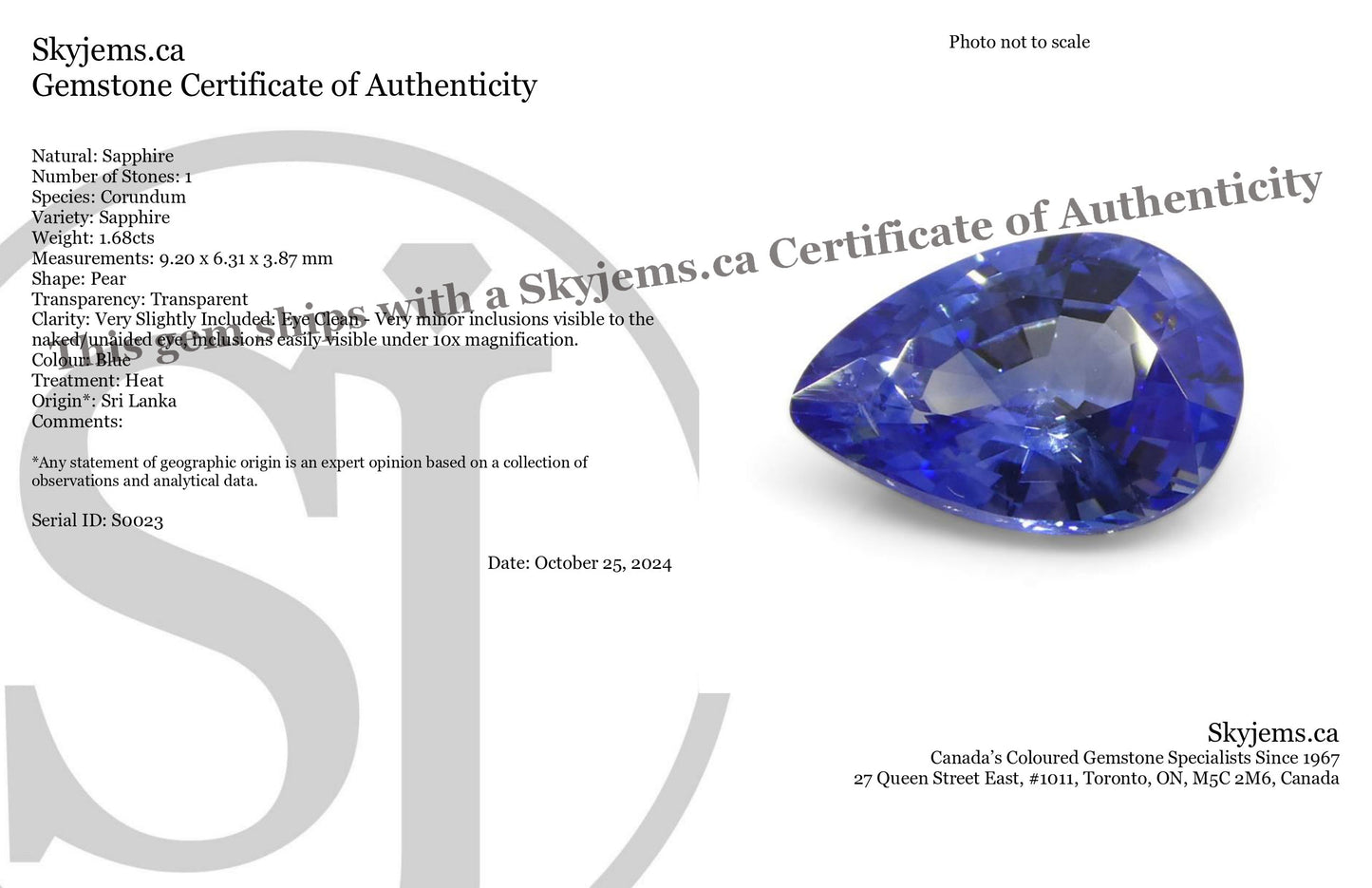 1.68ct Pear Blue Sapphire from Sri Lanka