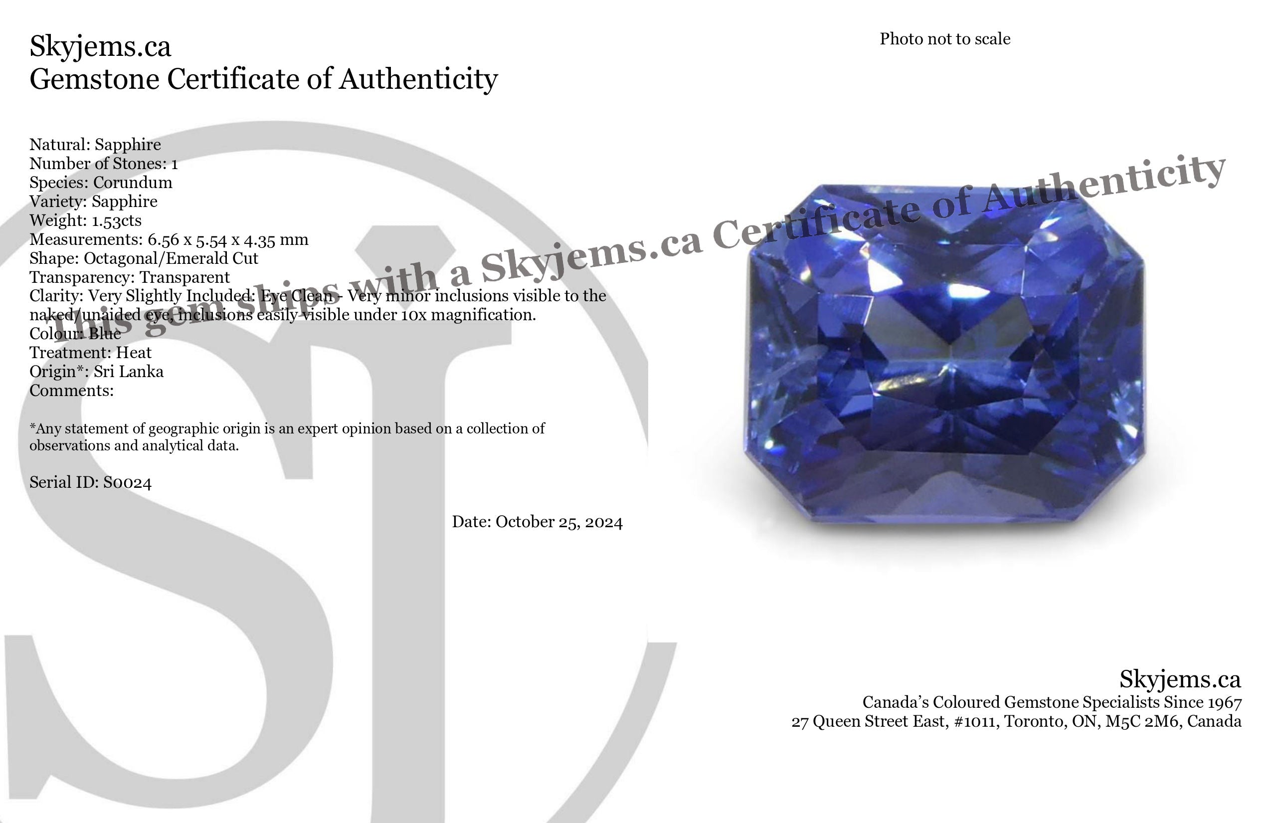 1.53ct Octagonal/Emerald Cut Blue Sapphire from Sri Lanka - Skyjems Wholesale Gemstones