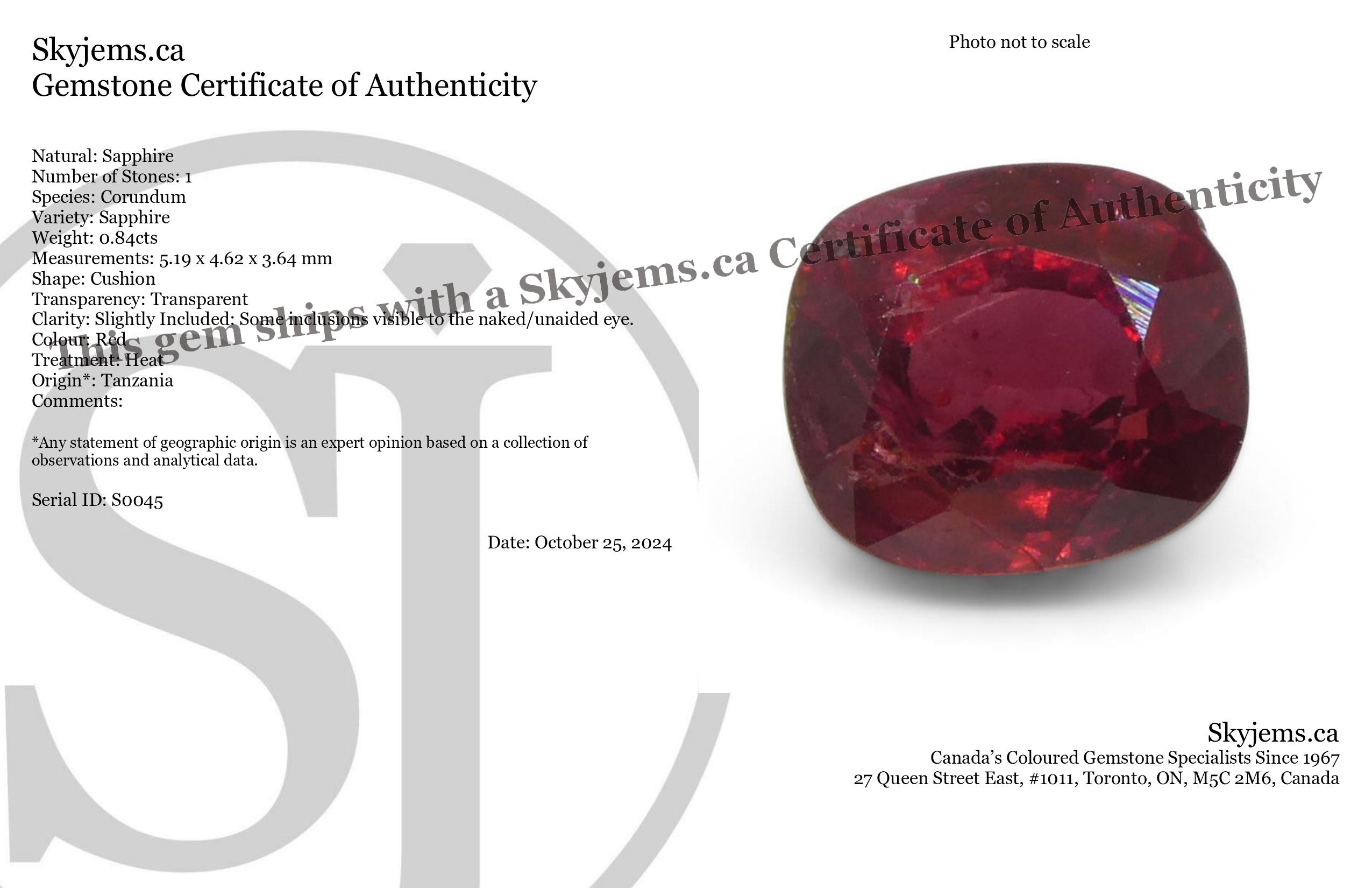 0.84ct Tanzanian Red Sapphire, cushion-cut vivid crimson gemstone from SkyJems' premium single-stone collection