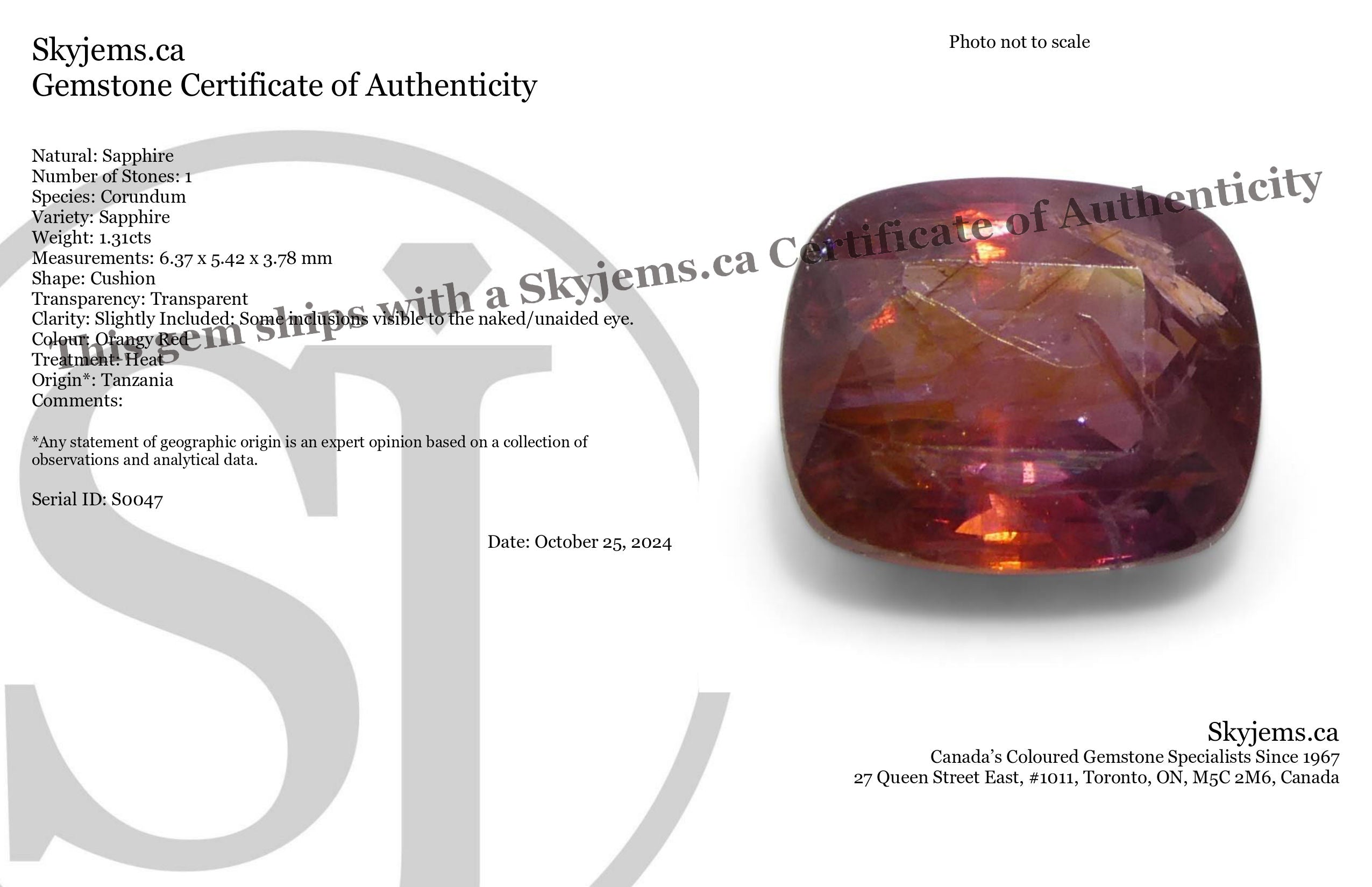 1.31ct Tanzanian Orangy Red Sapphire, cushion-cut gemstone from SkyJems' premium single-stone collection