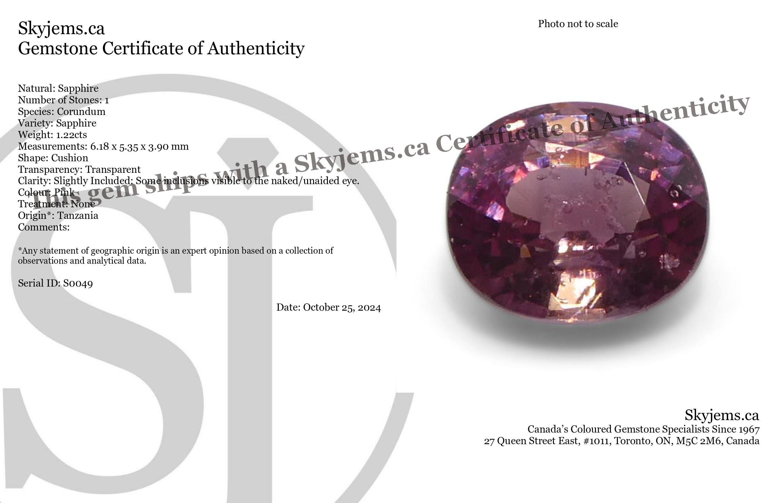 1.22ct Unheated Cushion Pink Sapphire from Tanzania, Unheated - Skyjems Wholesale Gemstones