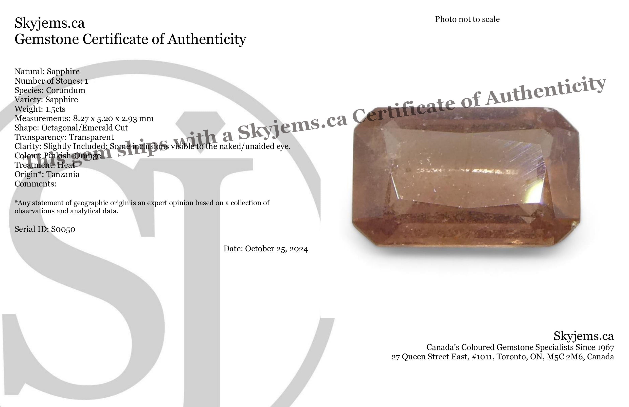 1.5ct Octagonal/Emerald Cut Pinkish-Orange Padparadscha Sapphire from Tanzania - Skyjems Wholesale Gemstones