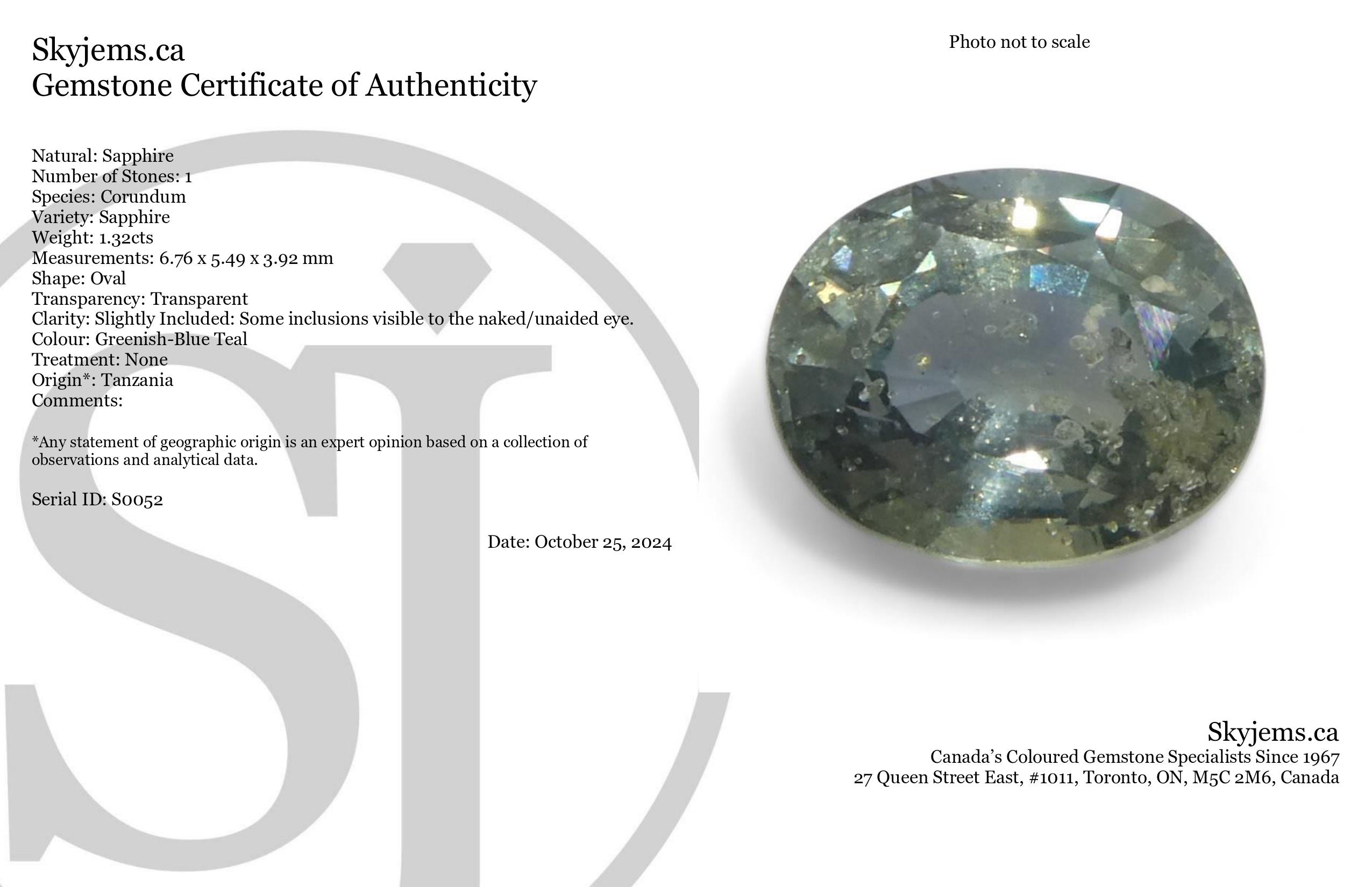 1.32ct Unheated Oval Greenish-Blue Teal Sapphire from Tanzania, Unheated - Skyjems Wholesale Gemstones