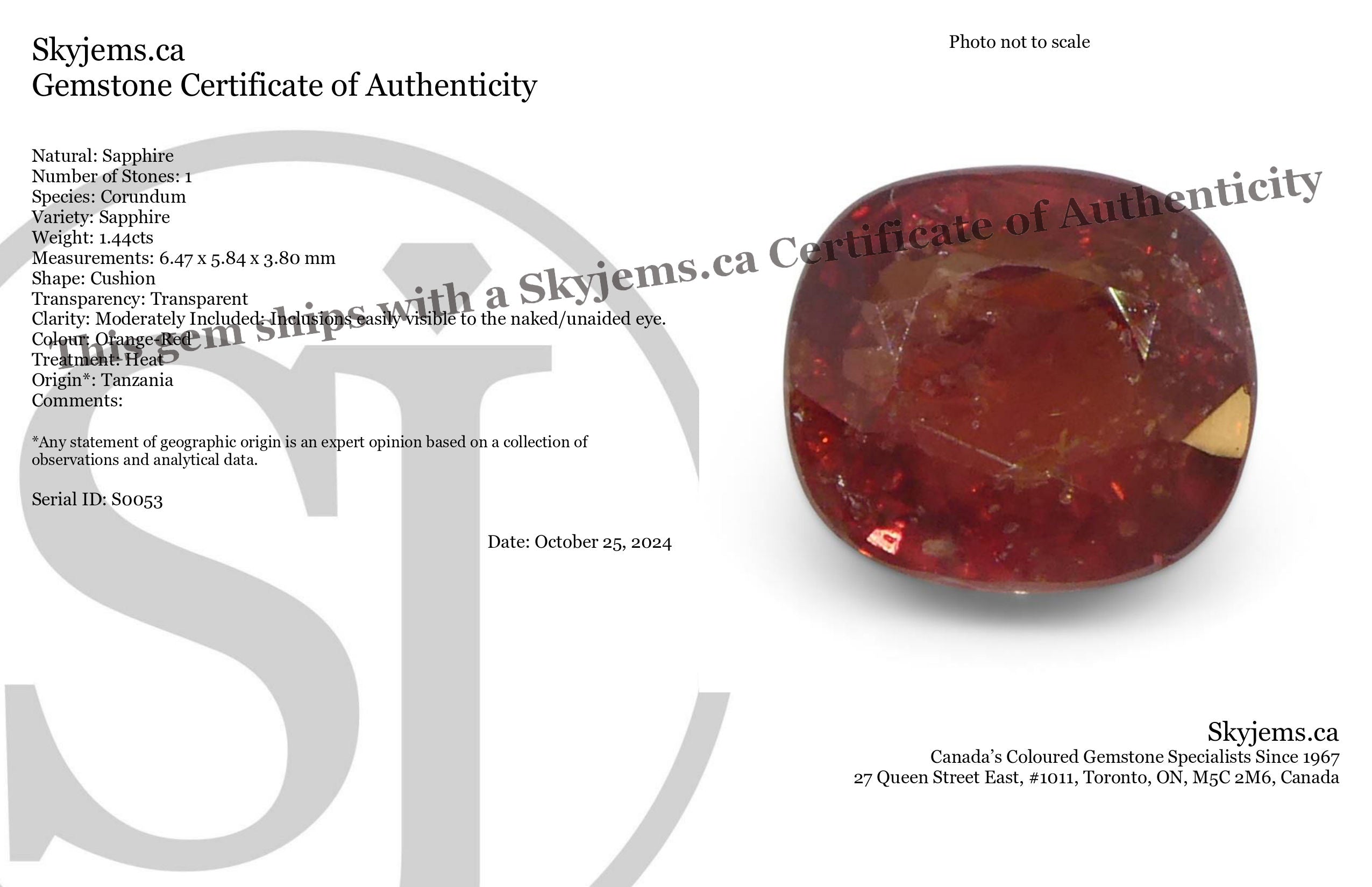 1.44ct Tanzanian Orange-Red Cushion Sapphire, heated single stone from SkyJems premium gemstone collection
