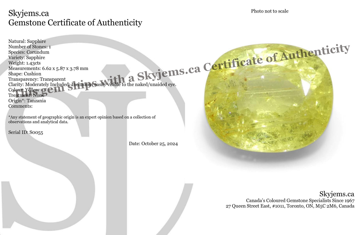 1.43ct Unheated Cushion Yellow Sapphire from Tanzania, Unheated