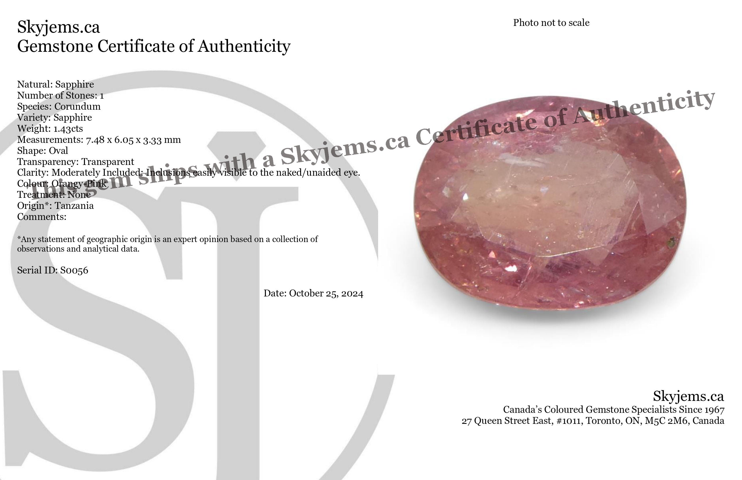 1.43ct Unheated Oval Orangy-Pink Padparadscha Sapphire from Tanzania, Unheated - Skyjems Wholesale Gemstones