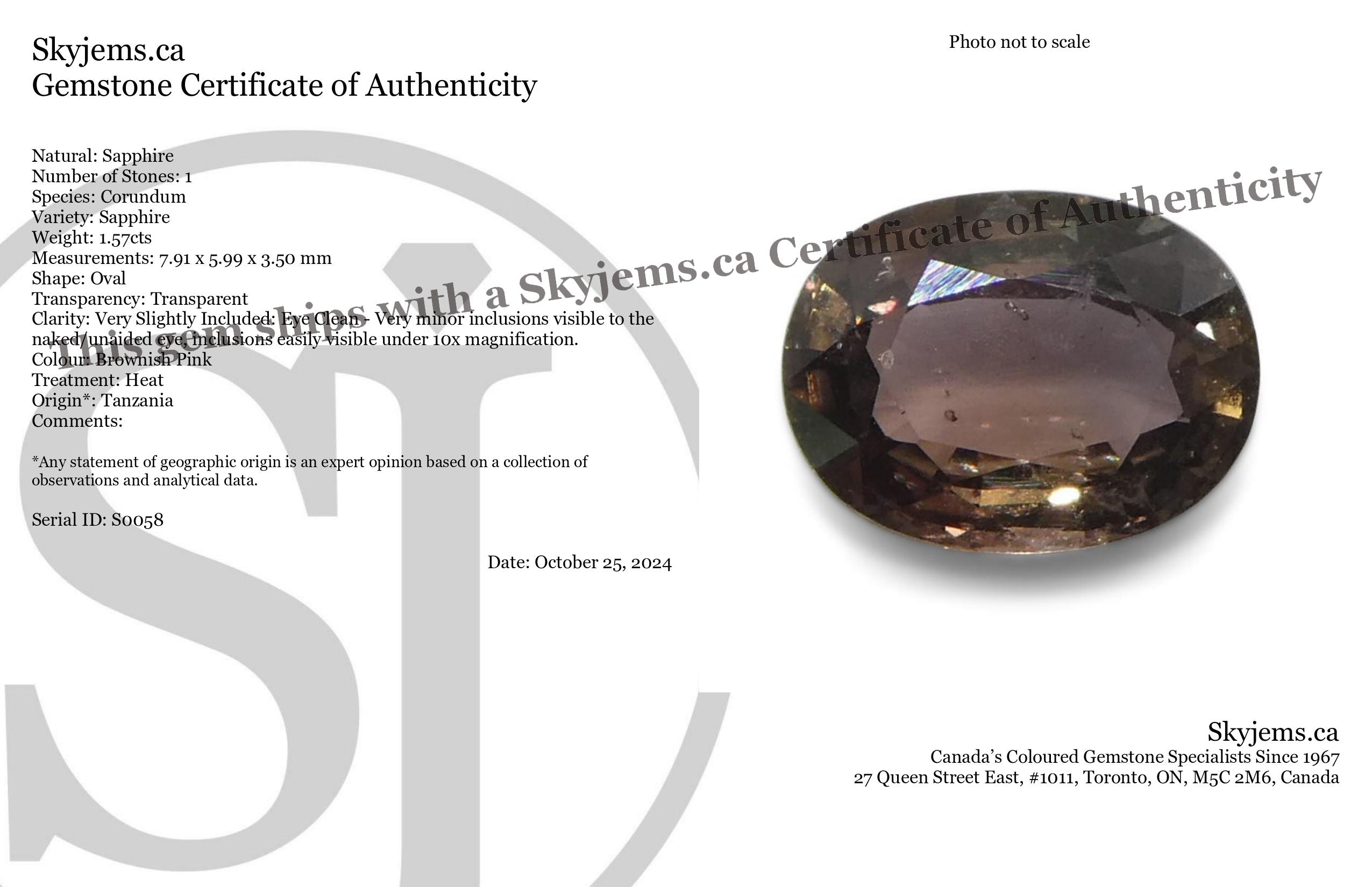 1.57ct Oval Brownish Pink Tanzanian Sapphire, heated single stone from SkyJems Canadian gem specialists