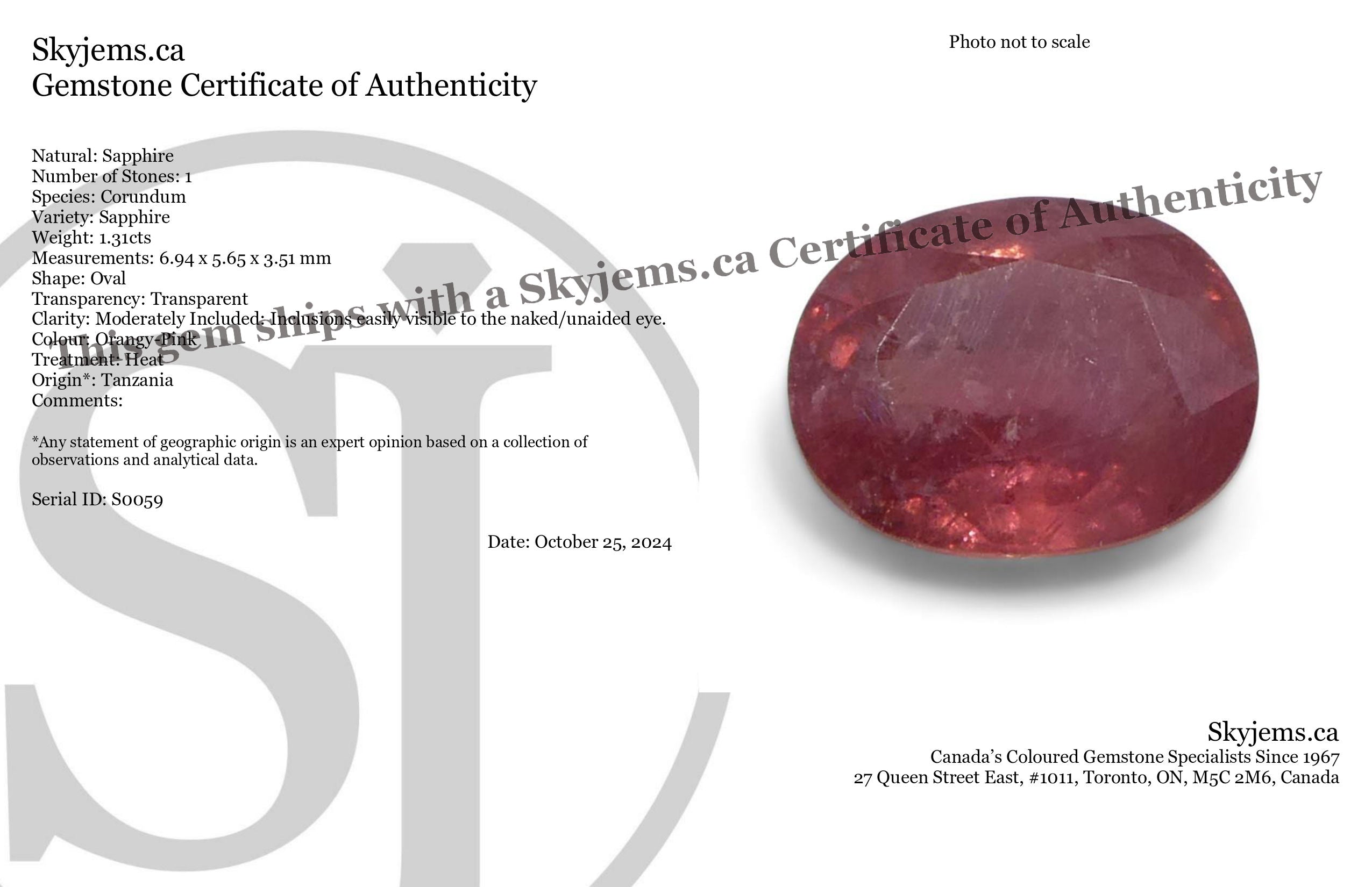 1.31ct Oval Orangy-Pink Padparadscha Sapphire from Tanzania - Skyjems Wholesale Gemstones