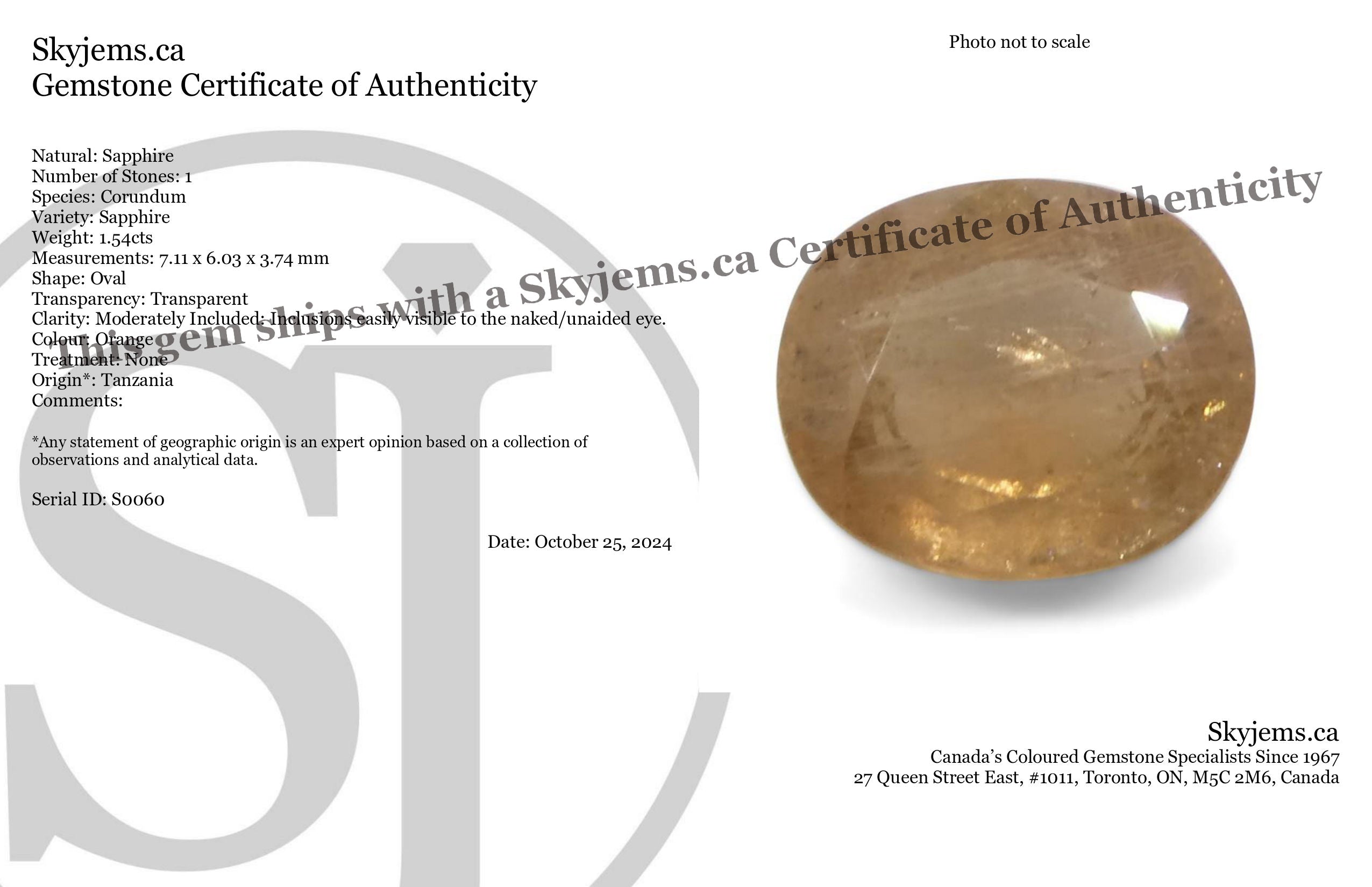 1.54ct Unheated Oval Orange Padparadscha Sapphire from Tanzania, Unheated - Skyjems Wholesale Gemstones