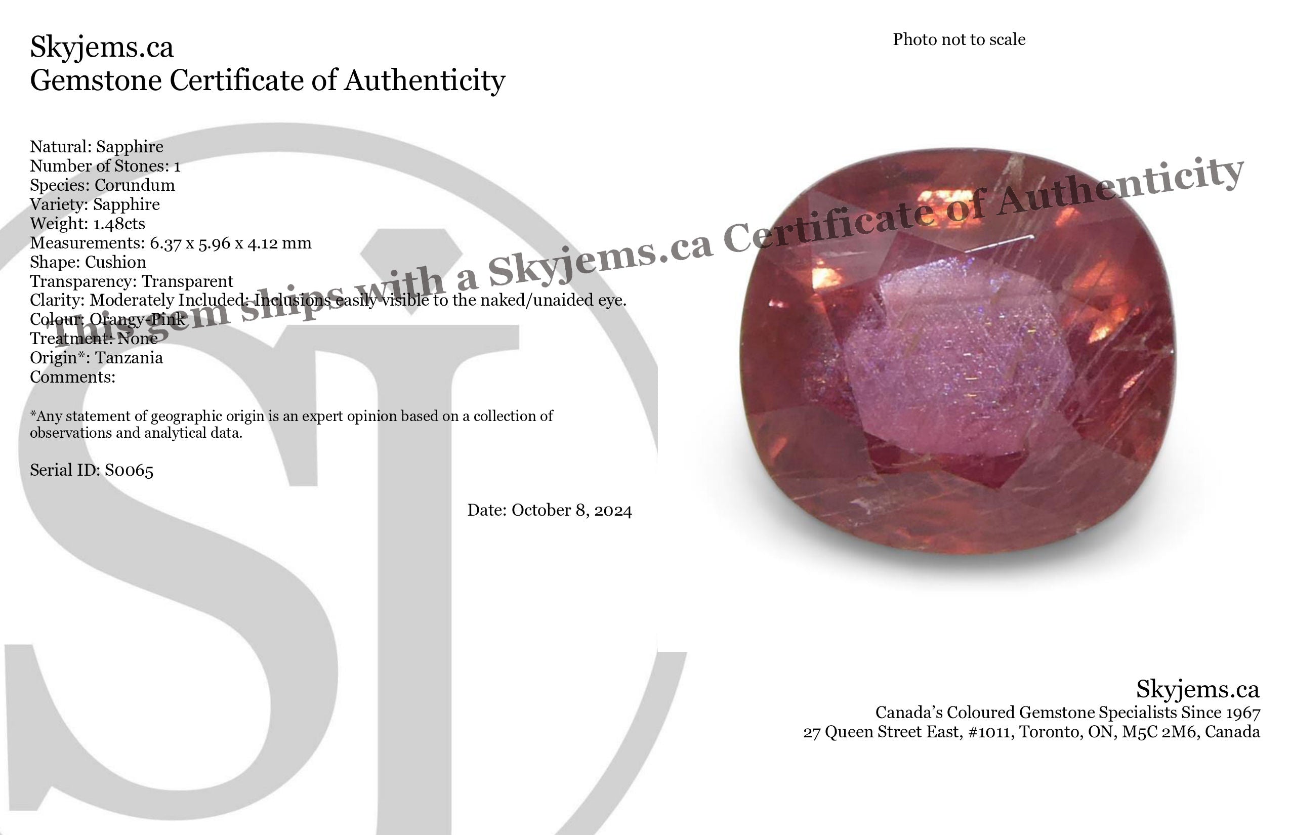 1.48ct Cushion Orangy-Pink Padparadscha Sapphire from Tanzania, Unheated - Skyjems Wholesale Gemstones