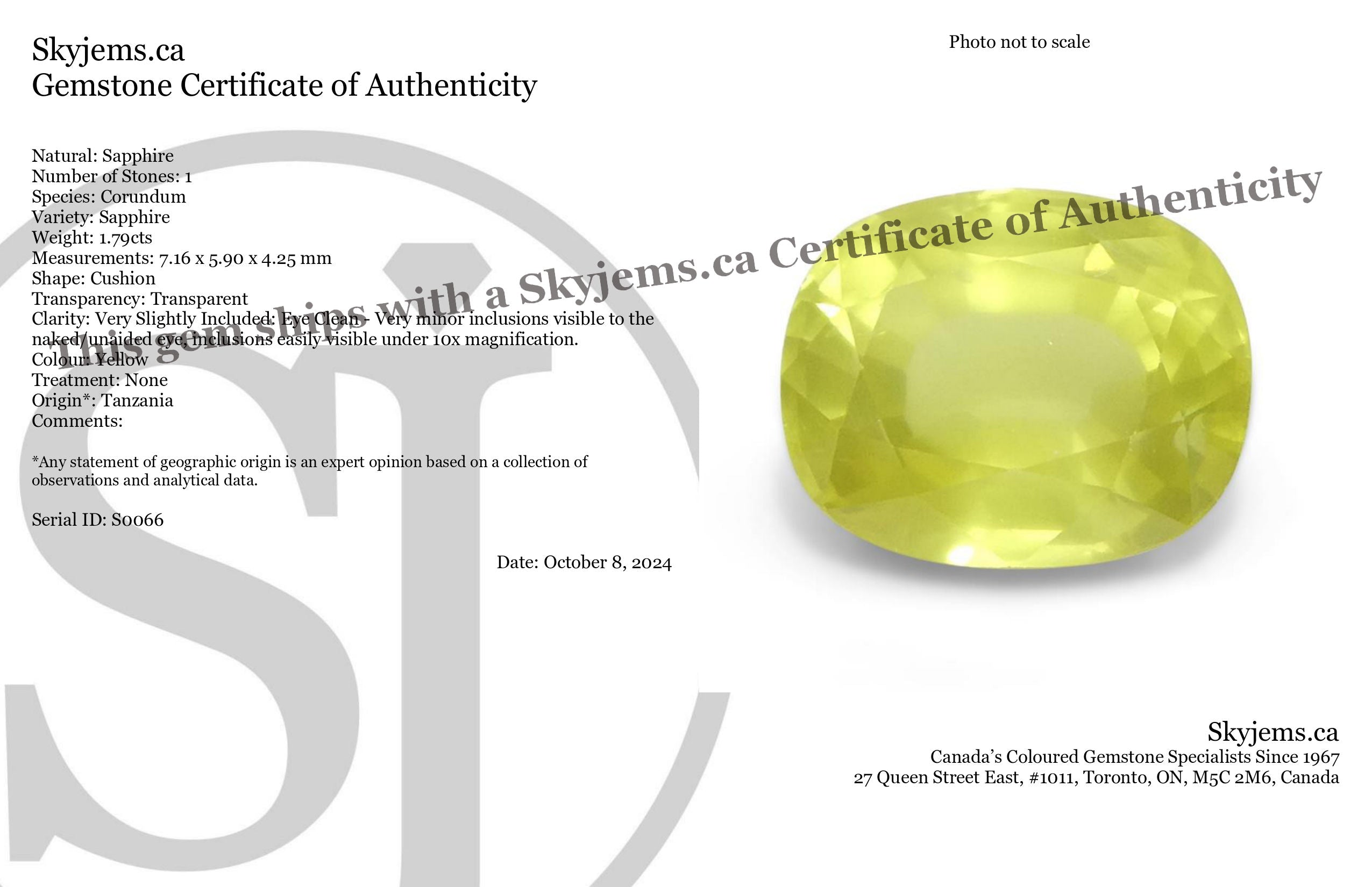 1.79ct Cushion Yellow Sapphire from Tanzania, Unheated - Skyjems Wholesale Gemstones