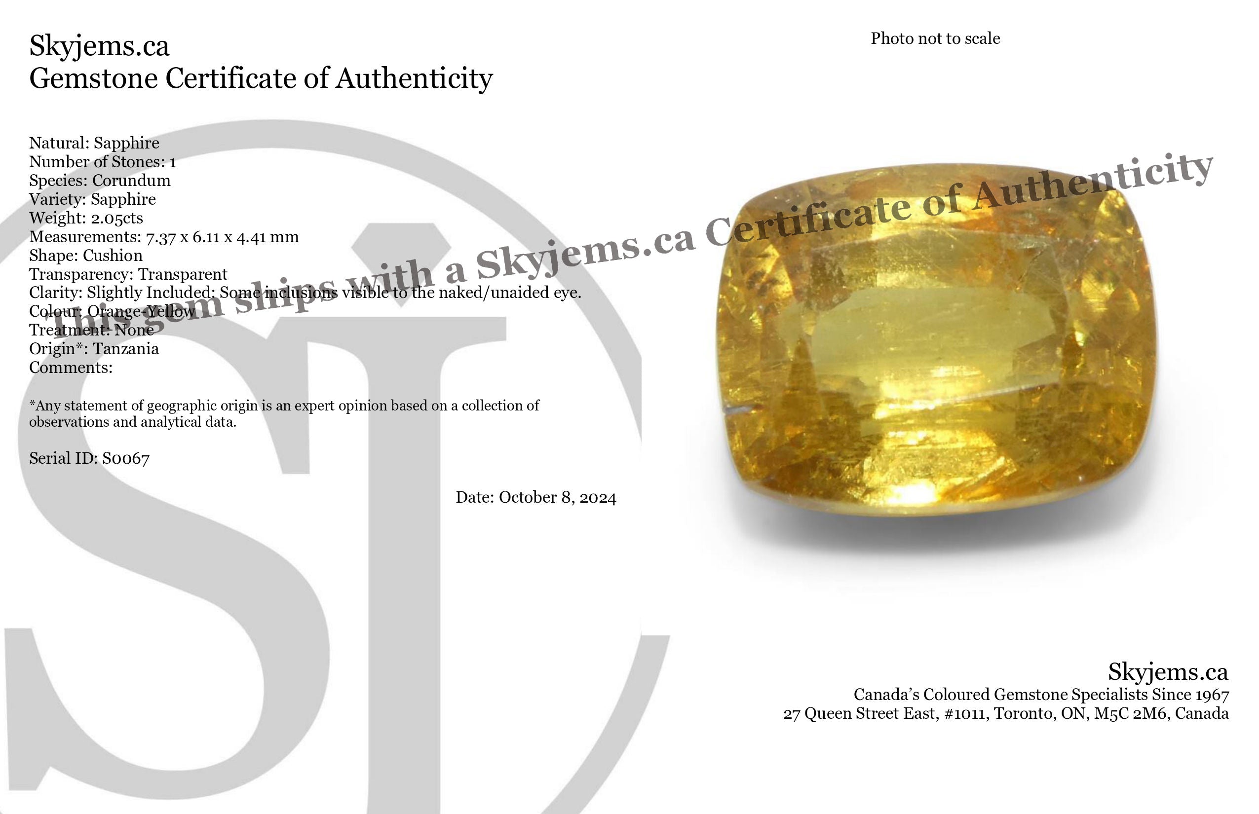 2.05ct Cushion Orange-Yellow Sapphire from Tanzania, Unheated - Skyjems Wholesale Gemstones