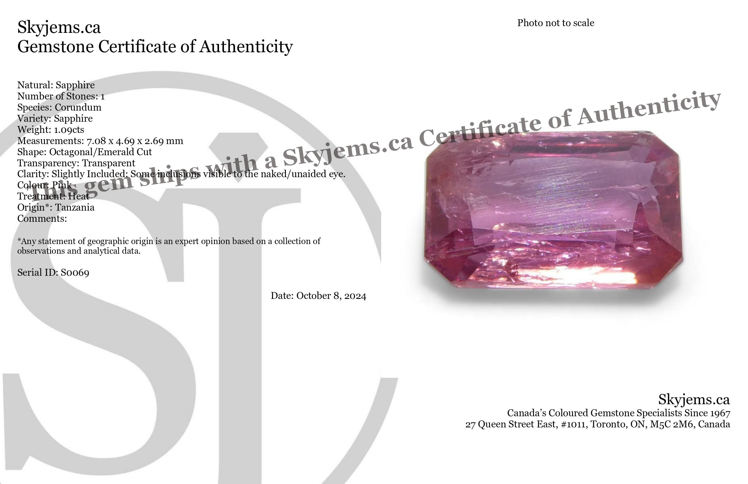 1.09ct Octagonal/Emerald Cut Pink Sapphire from Tanzania - Skyjems Wholesale Gemstones